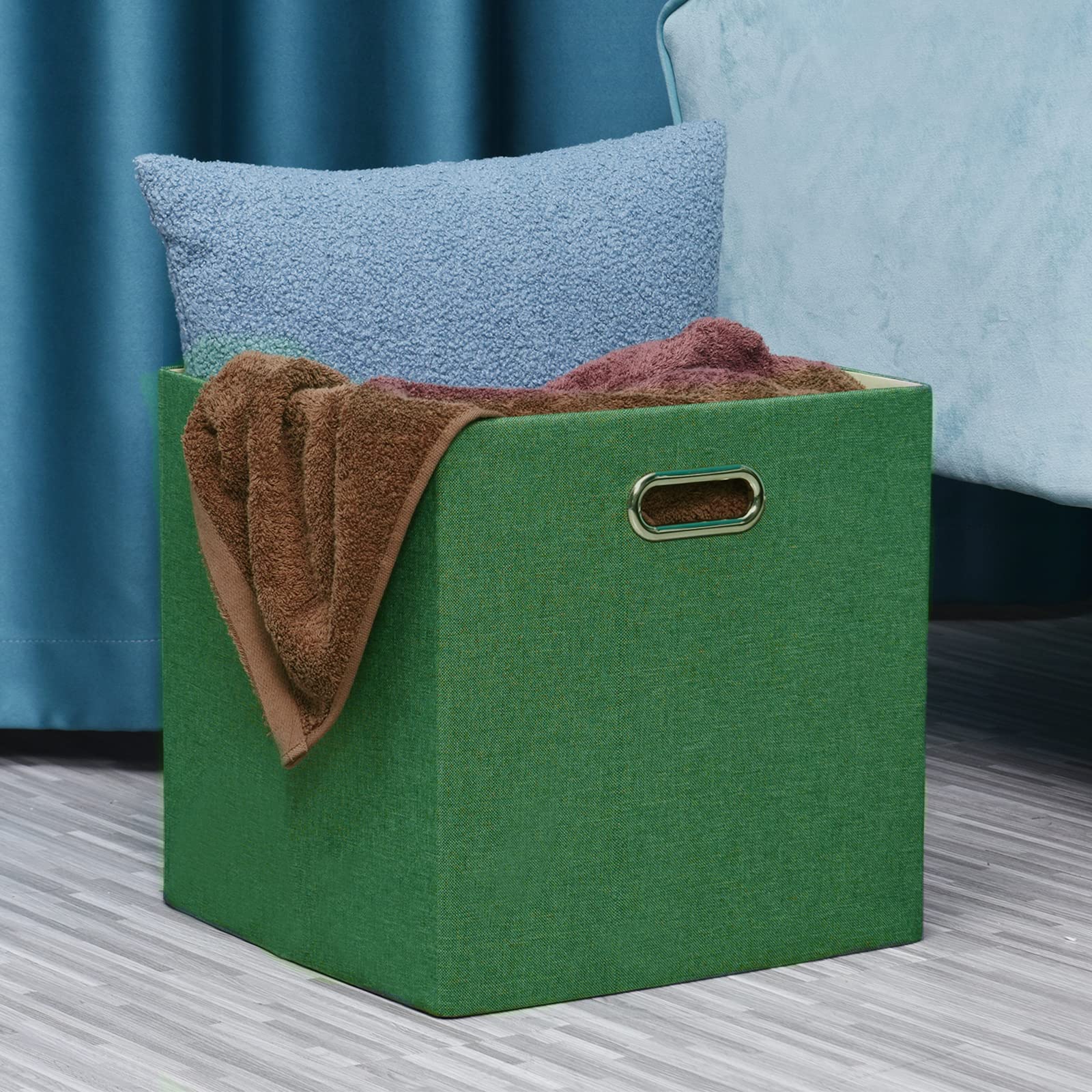 Foldable Cube Storage Bins 13×13 Inch - Set of 4 Collapsible Fabric Organizer Boxes with Handles, Large Capacity Closet Shelf Cabinet Drawer Organizers for Bedroom, Office, Nursery - Grass Green Home Organization Solution