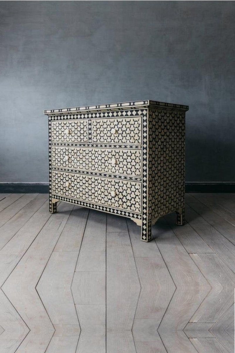 Handmade Bone Inlay Targua Dresser - 4 Drawer Black & White Vintage Storage Cabinet for Bedroom, Living Room & Entryway Organization