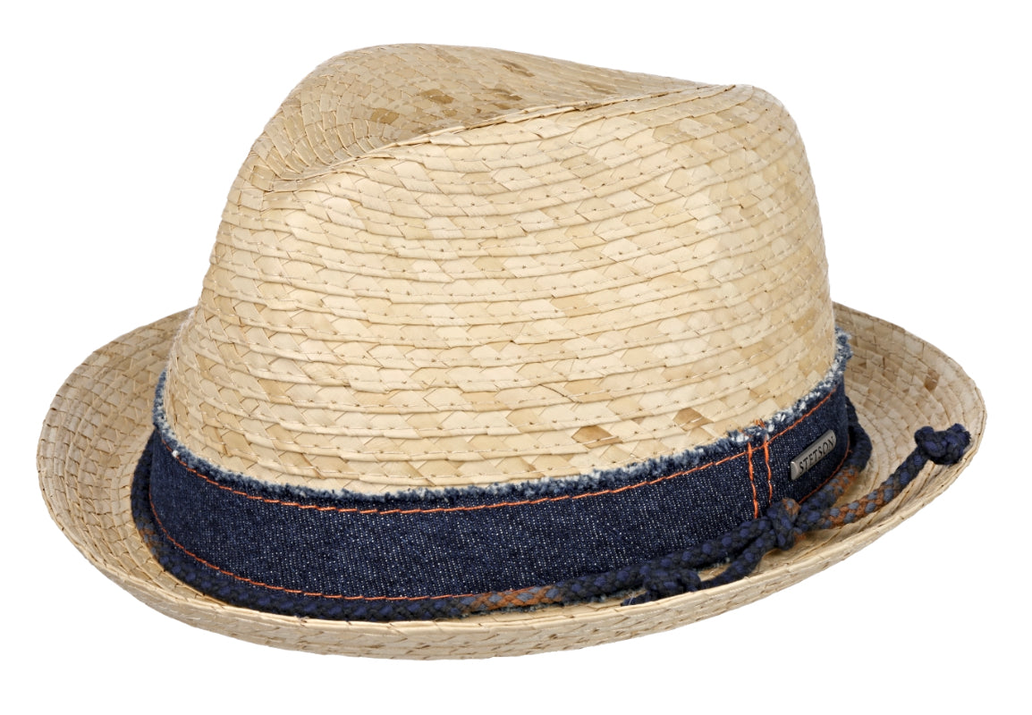 Stetson Natural Palm Straw Trilby Hat with Dark Denim & Rope Band - Perfect for Summer Outdoor Activities, Beach Vacations, and Casual Wear
