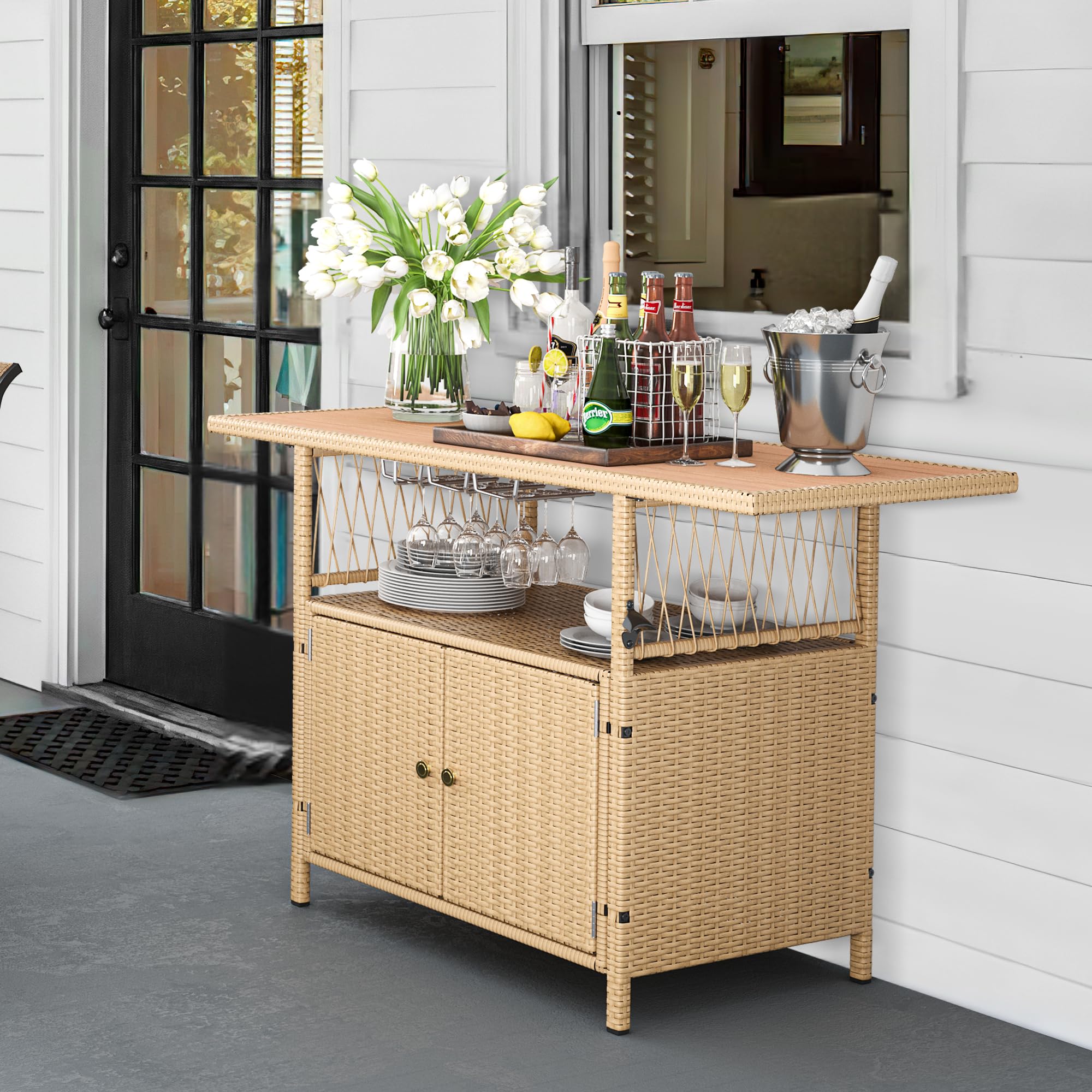 YITAHOME XL Outdoor Storage Cabinet - Weather-Resistant Patio Wicker Bar Table with Plastic Wood Tabletop, Wine Glass Holders & Built-in Bottle Opener, Light Brown - Perfect for Backyard, Deck, Poolside & Outdoor Entertaining