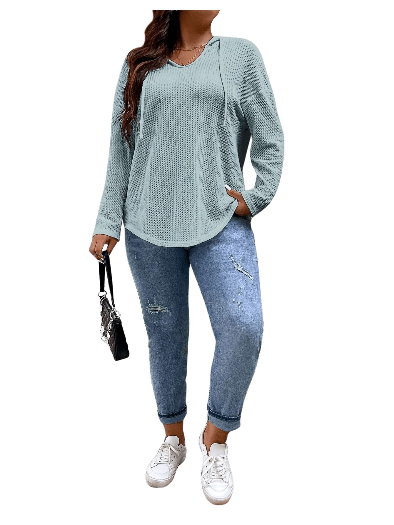 SOLY HUX Women's Plus Size Hoodies - Long Sleeve Drawstring Waffle Knit Pullover Sweatshirt Tops for Casual Wear, Loungewear & Outdoor Activities