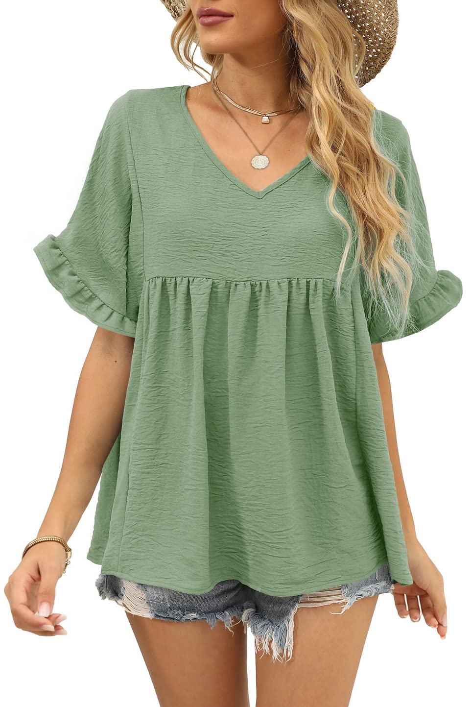 WIHOLL Women's Casual V-Neck Ruffle Sleeve T-Shirt | Loose Fit Babydoll Peplum Top | Perfect for Summer Outfits, Date Nights & Office Wear