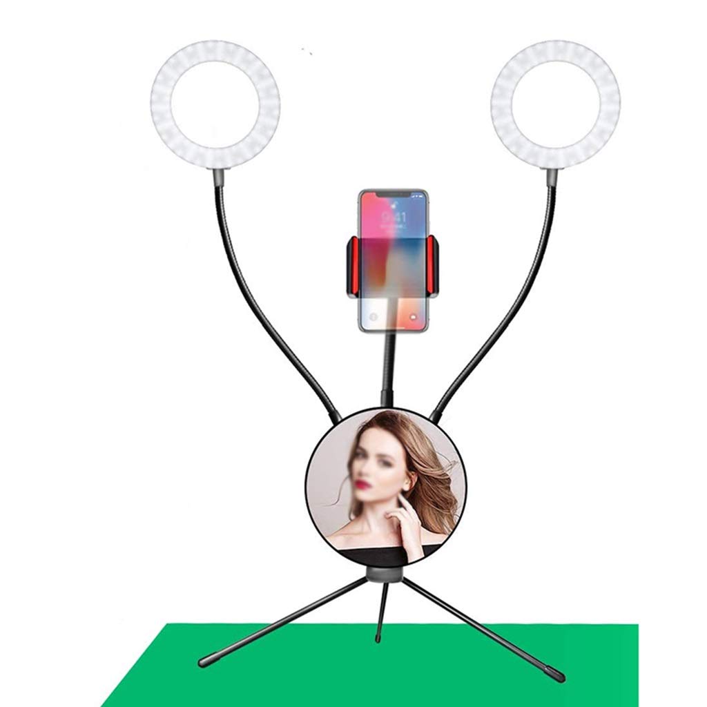 QFFL Dimmable Double LED Ring Light with Tripod Stand, Phone Holder & Makeup Mirror - Perfect for Live Streaming, Photography, YouTube Videos, TikTok Content Creation and Makeup Application