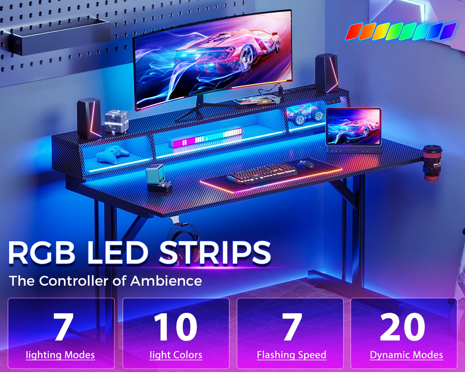 MOTPK 40 Inch LED Gaming Desk with Power Outlets & Floating Monitor Stand - Carbon Fiber Texture Computer Table for Kids & Teens - Perfect for Small Spaces, Gaming Setups & Home Office Workstations