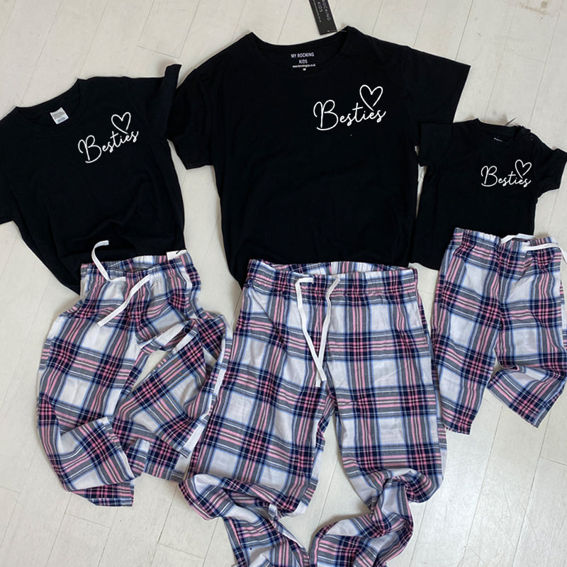 Besties Matching White and Pink Pyjama Bottom Sets with Mini Logo Garland - Cozy Sleepwear for Girls, Sleepovers & Matching Sister Outfits (MRK X)