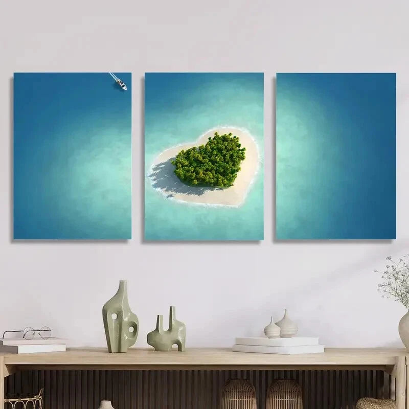 3-Piece Natural Metal Print Wall Art - Bird's Eye View Heart Design, Ready to Hang | Perfect for Living Room, Bedroom & Office Decor