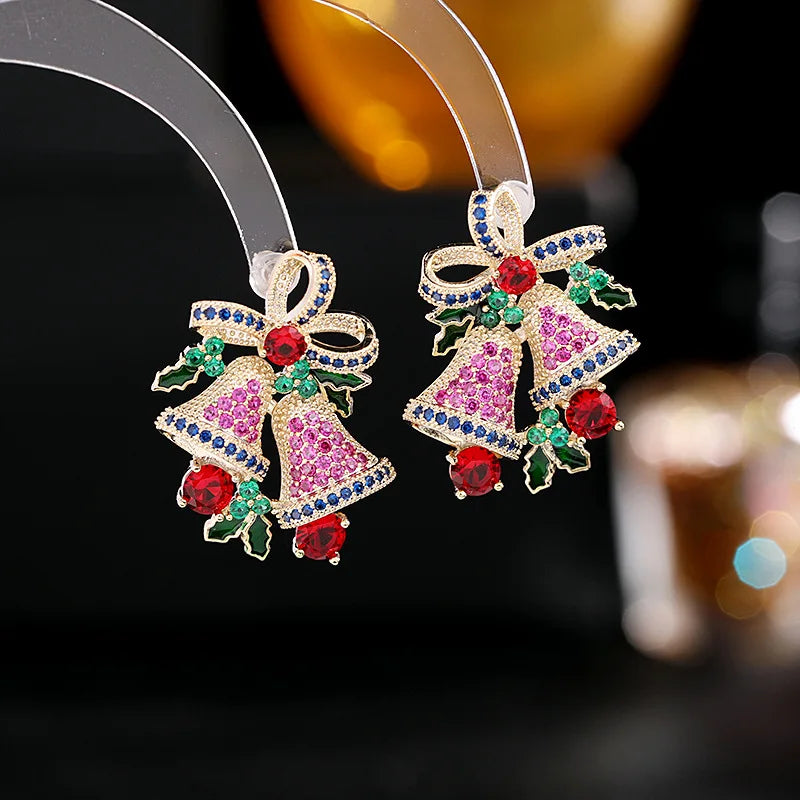 Shiny Crystal Cubic Zirconia Bow Christmas Bell Earrings for Women - Elegant Holiday Jewelry Accessories - Perfect Christmas Gift for Her - Great for Parties, Weddings & Festive Occasions
