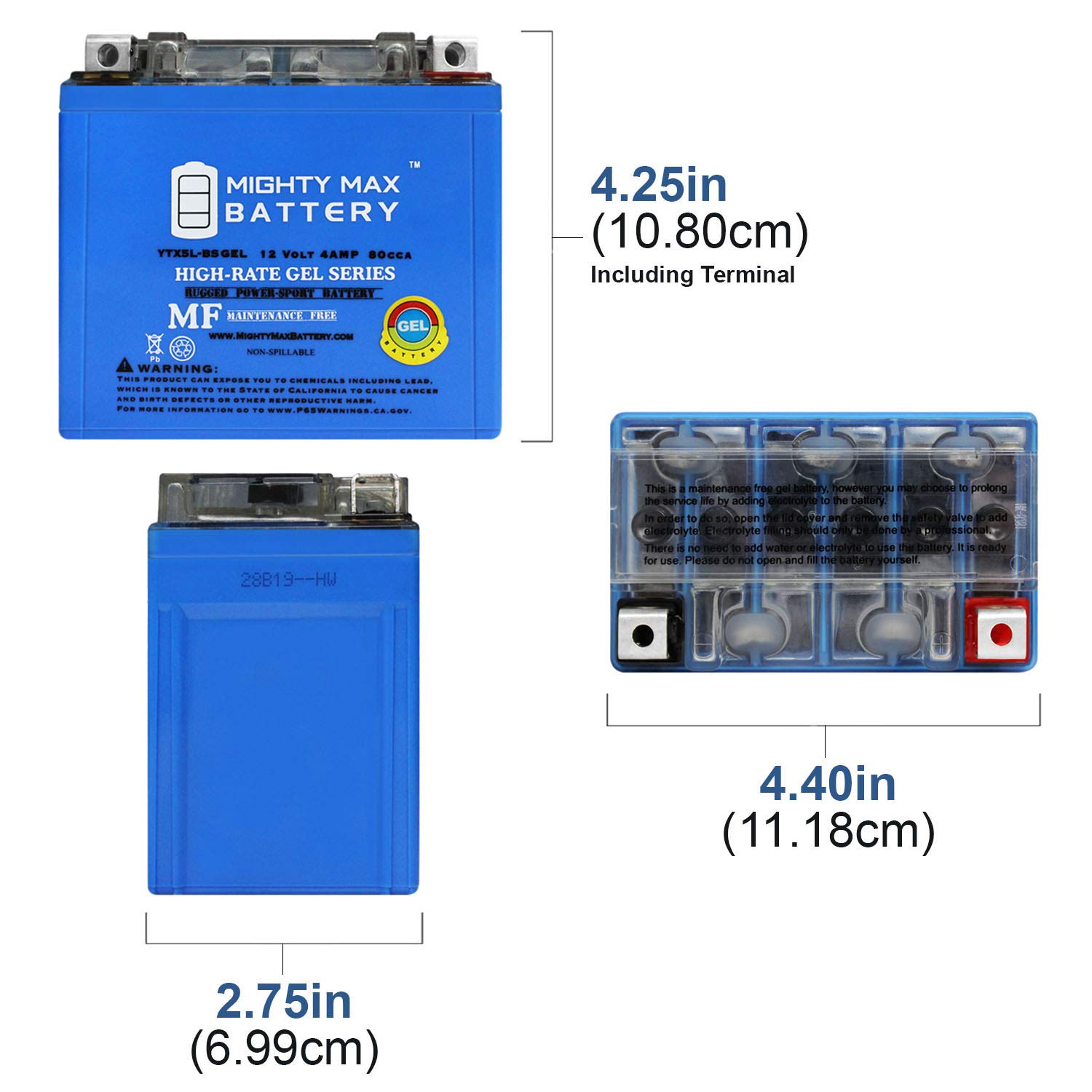 Mighty Max YTX5L-BS 12V 5Ah GEL Battery - Replacement for 4011181 & 58511053000 - Includes 12V 1Amp Charger - Perfect for Motorcycles, ATVs, Scooters & Power Sports Vehicles