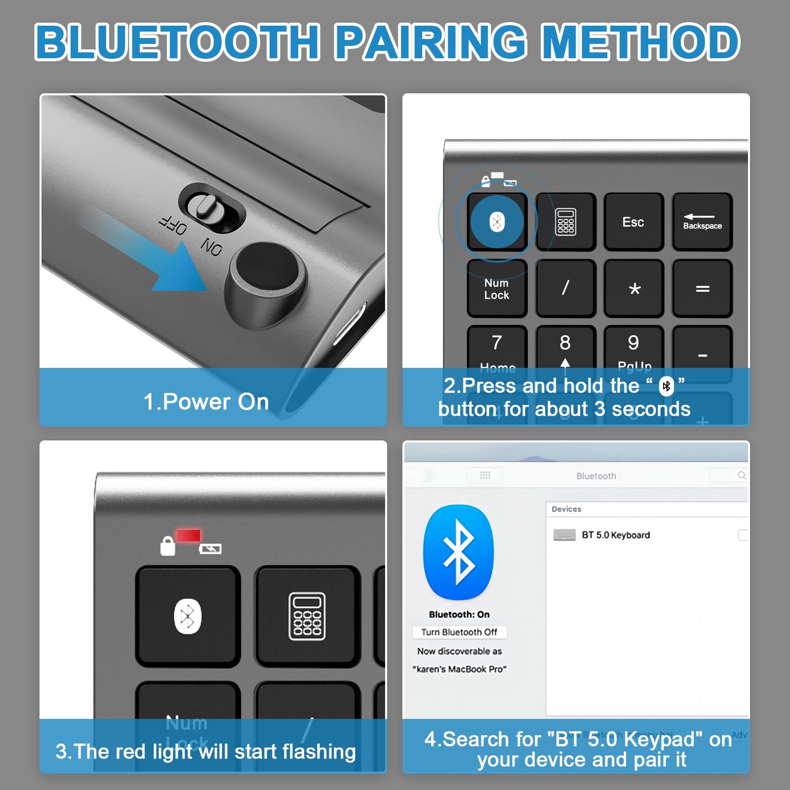 Rechargeable Bluetooth Numeric Keypad for Laptop - Wireless & Wired 22-Key USB Number Pad for MacBook, Chromebook, Surface Pro - Perfect for Accounting, Data Entry and Office Work