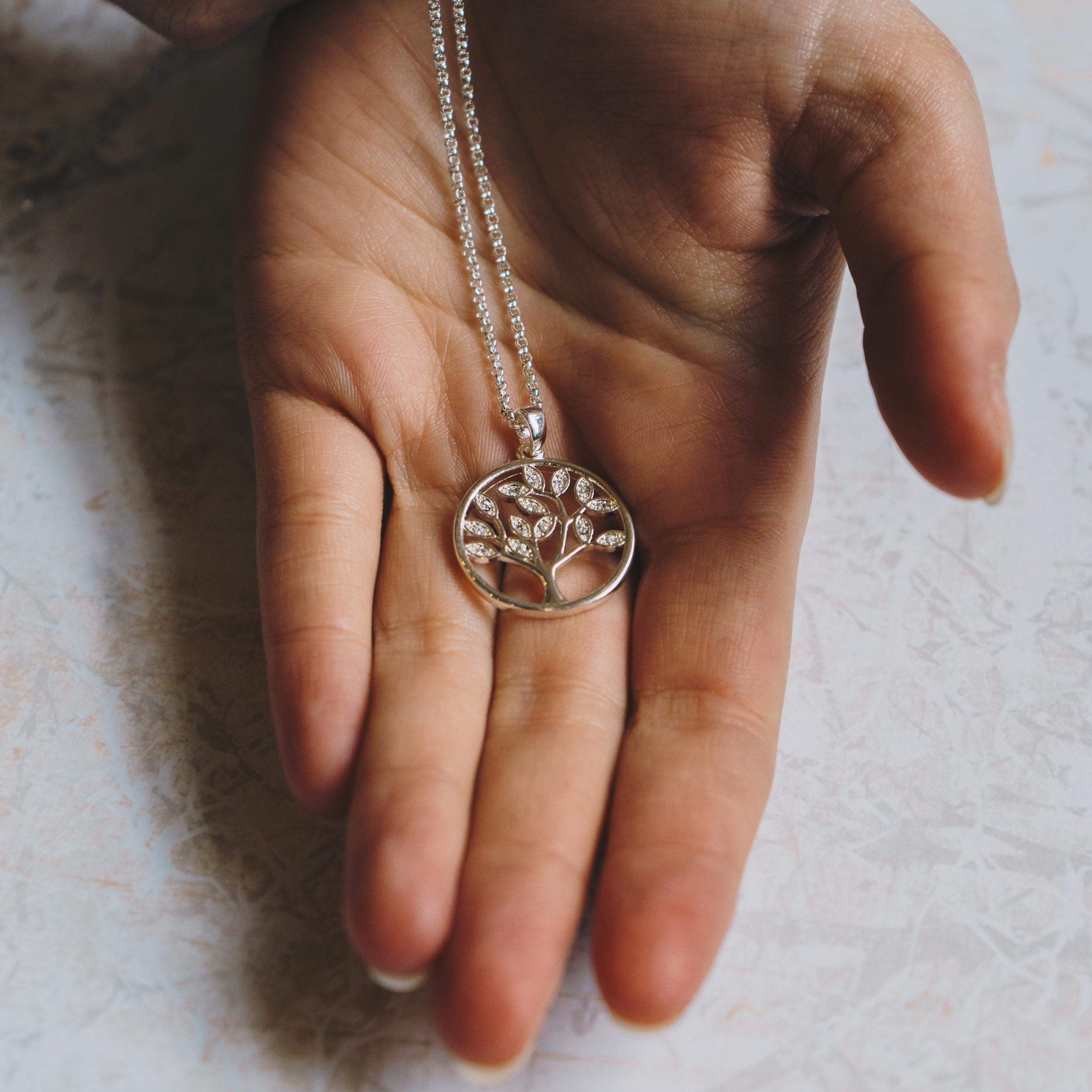 Silver Plated Tree of Life Necklace with Zirconia Crystals - Gift for Women