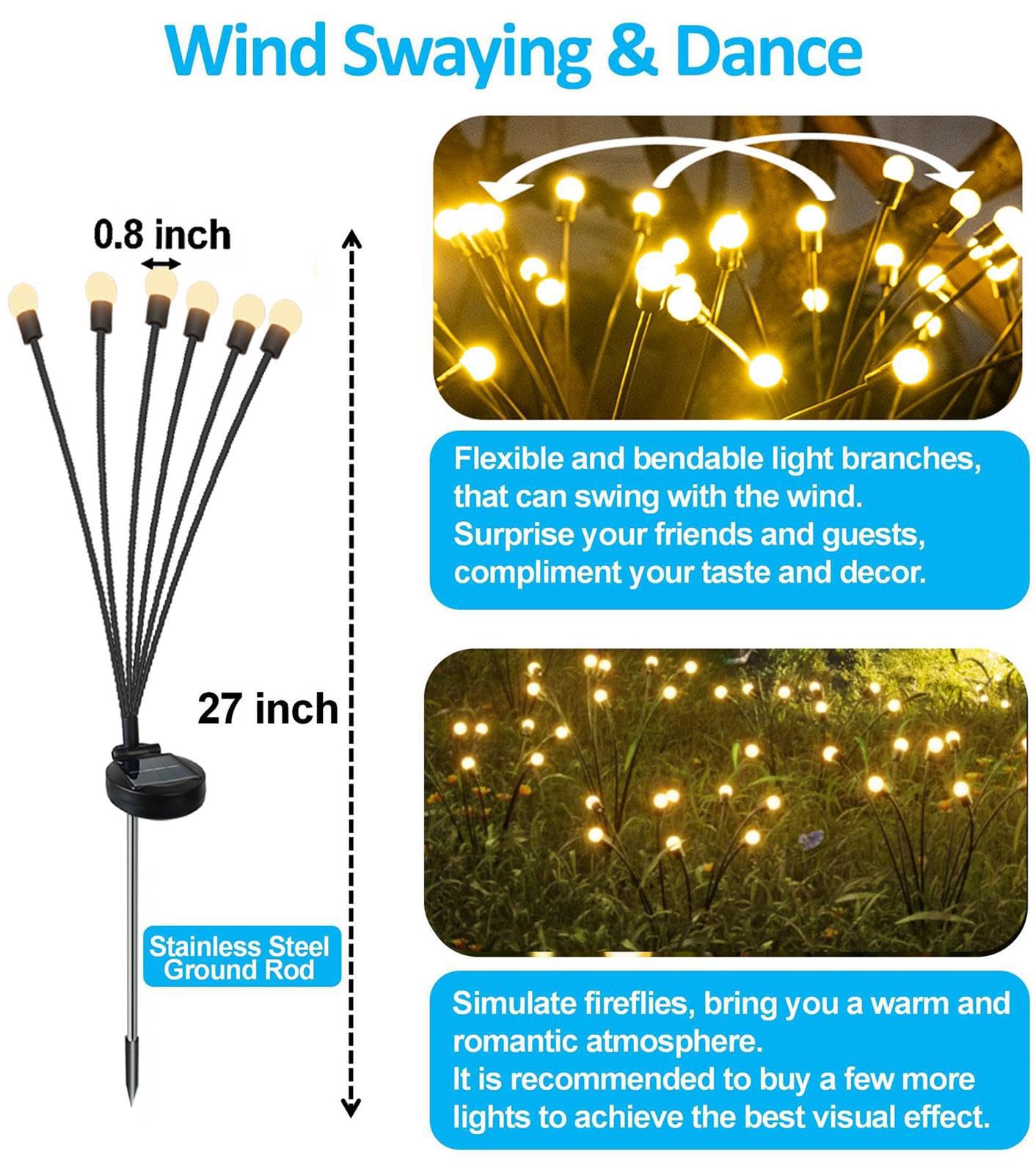 8 Pack Solar Powered Outdoor Lights Waterproof IPX5 - Solar Garden Lights, Wind Swaying Firefly Lights for Yard, Lawn, Pathway, Patio, Deck Decoration - 6 LED Warm White Christmas Lighting for Holidays & Everyday Use