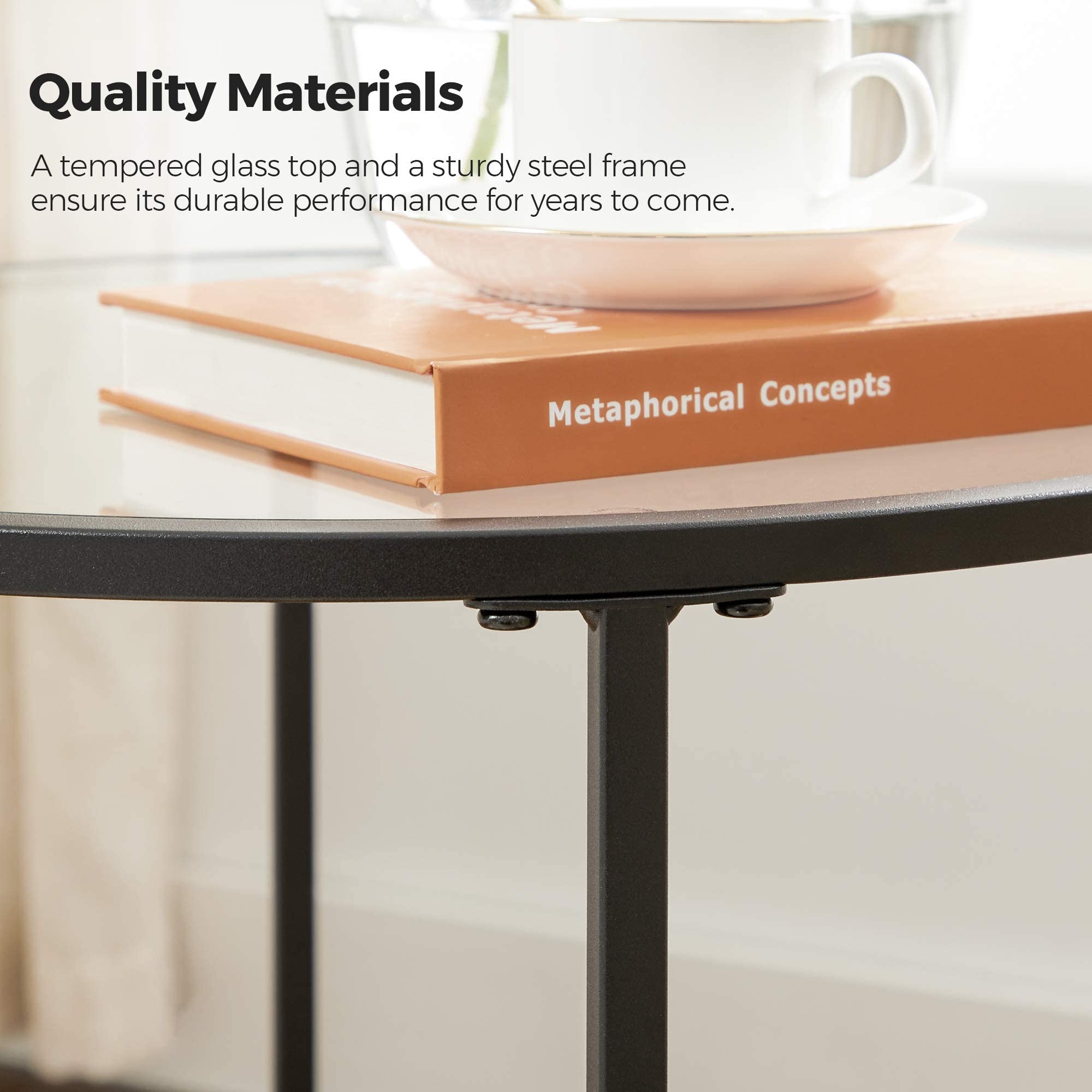 VASAGLE Modern Round Glass Side Table with Sturdy Metal Frame - Black End Table for Living Room, Bedroom, Balcony | Perfect Coffee Table for Small Spaces, Reading Nook & Home Decor
