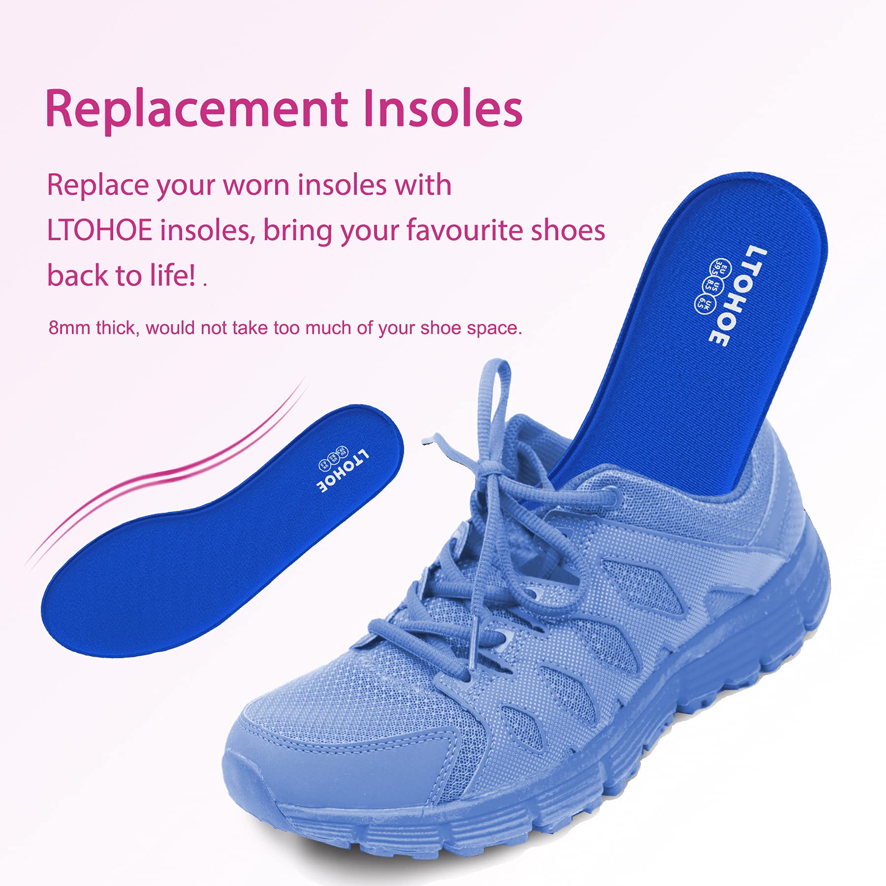 LTOHOE Women's Memory Foam Shoe Insoles - 8mm Cushioned Orthotic Inserts for Running, Hiking & Sneakers - Shock Absorbing Foot Pain Relief & Comfort Support - Navy US Size 7 - Perfect for Active Lifestyles & All-Day Wear