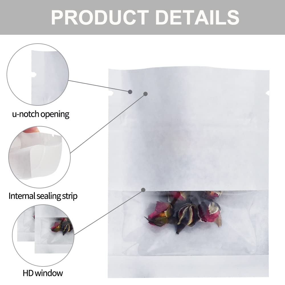 BEISHIDA 100 Pack 3.5 Inch Kraft Paper Resealable Bags with Clear Window - Small Airtight Heat Sealable Packaging Bags for Food Storage, Coffee Beans, Tea Leaves, Spices, Seeds, Samples (White) - Perfect for Home, Kitchen & Retail Use
