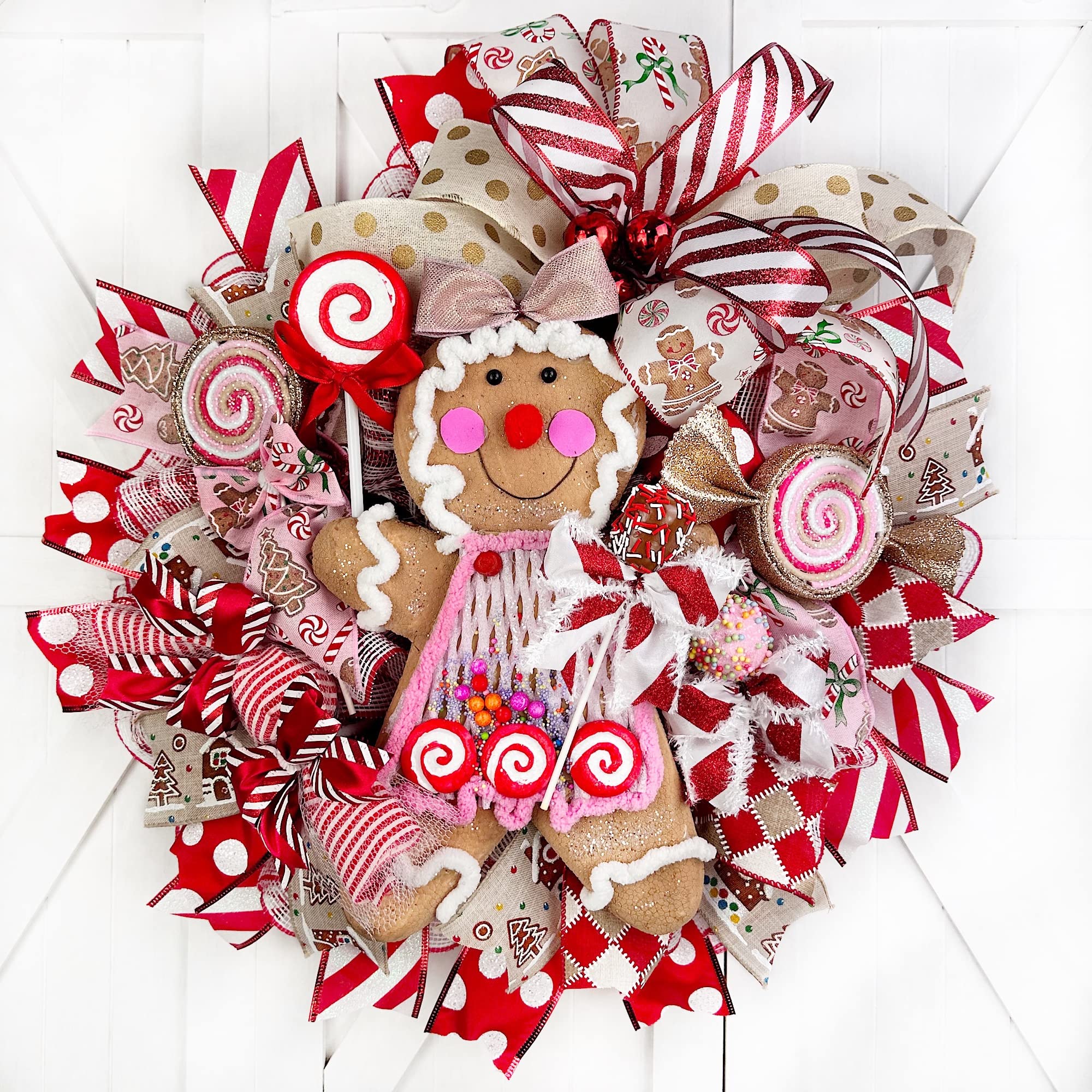 Handmade Gingerbread Christmas Wreath with Candy Decorations - Gingerbread Lollipop, Peppermint Candy, Pink Cake Pop & Chocolate Marshmallow | Sweet Shop Holiday Decor for Door, Wall & Festive Home Decorating