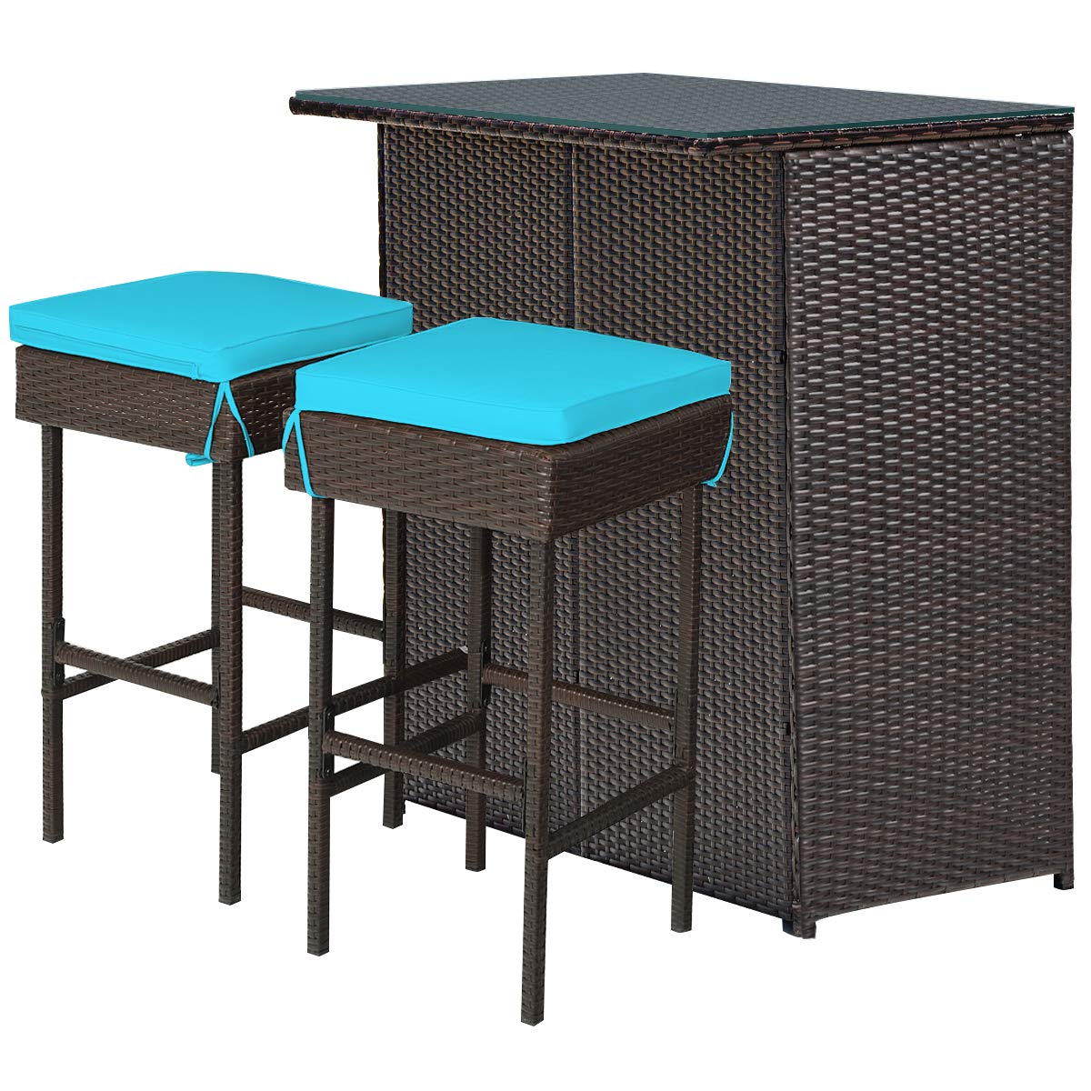 **Tangkula 3-Piece Outdoor Patio Bar Set - Rattan Wicker Bistro Set with 2 Cushioned Stools & Glass Top Table, Turquoise - Perfect for Backyards, Gardens, Poolside & Outdoor Entertaining**