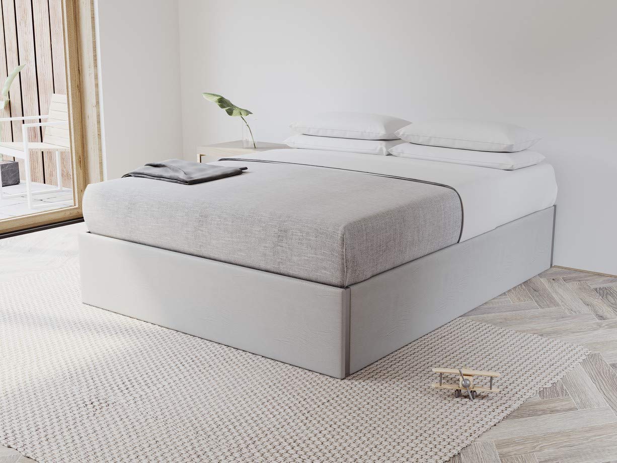 VANT Upholstered Queen Size Platform Bed Frame - Vintage Light Grey Leather - No Box Spring Needed with Sturdy Foundation - Modern Bedroom Furniture for Adults & Guest Rooms - Perfect for Master Bedrooms, Apartments and Dorm Decor