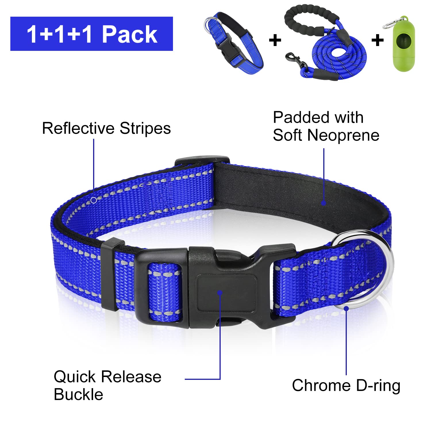 **Dynmeow Reflective Dog Collar and Leash Set - 6FT Strong Climbing Rope Leash with Padded Handle, Adjustable Pet Collar with Soft Neoprene Padding for Small Dogs & Puppies - Navy Blue (XS) - Perfect for Night Walks, Hiking & Outdoor Adventures**