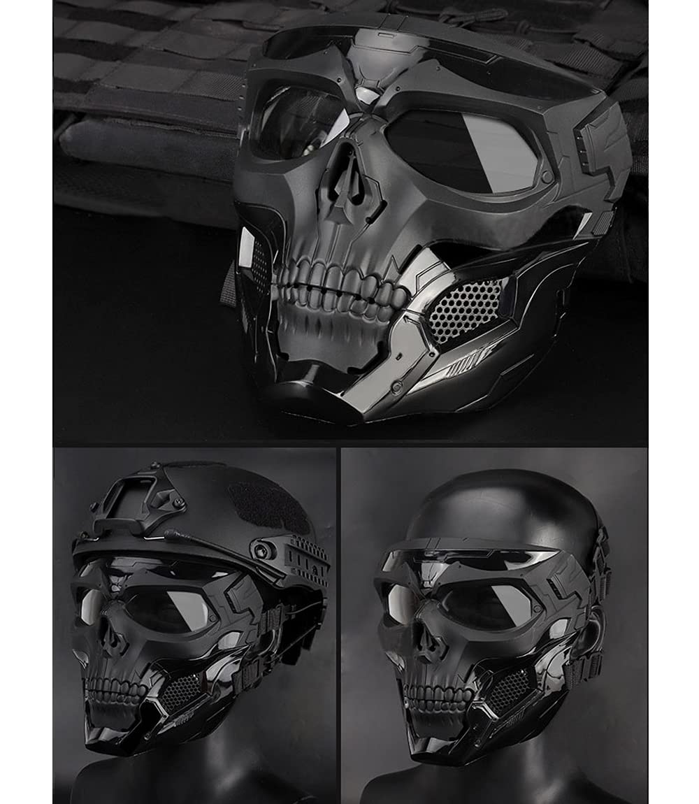 AOUTACC Full Face Airsoft Mask with Goggles - Adjustable Tactical Skeleton Skull Mask for Paintball, Halloween, Cosplay & Outdoor Activities - Protective Gear for Airsoft Games, Movie Props & Parties (Black)