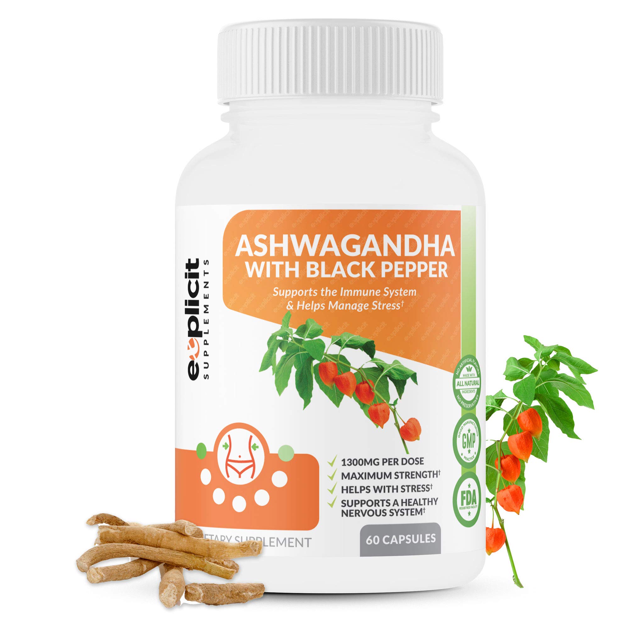 Organic Ashwagandha Root Capsules 1300mg with Black Pepper Extract – 1 Month Supply – Stress Relief & Immune Support – Vegan & Non-GMO – Perfect for Daily Wellness & Meditation Routine