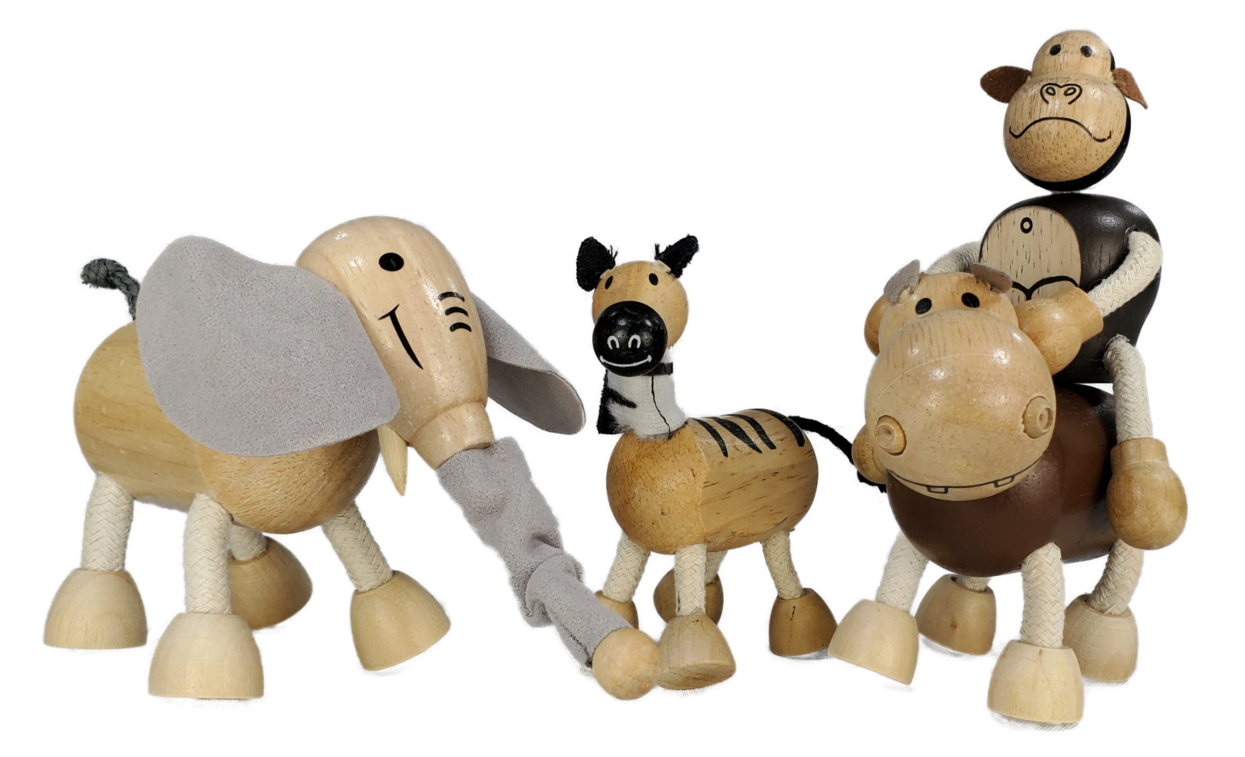 Bendable Jungle Wooden Animal Toys Set of 4 - Montessori Educational Wooden Toys for Toddlers & Kids | Natural Smooth Wooden Animal Figures for Boys & Girls - Perfect for Early Learning, Imaginative Play & Nursery Decor