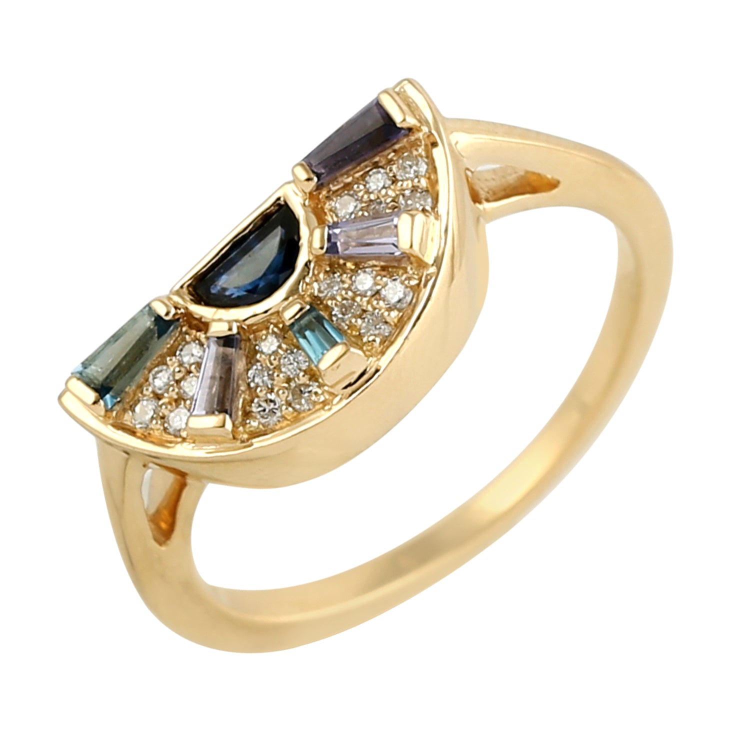 Exquisite Baguette Tanzanite Iolite Blue Sapphire Topaz Pave Diamond Designer Ring in 14K Gold - Perfect for Engagement, Anniversary & Special Occasion Gifts