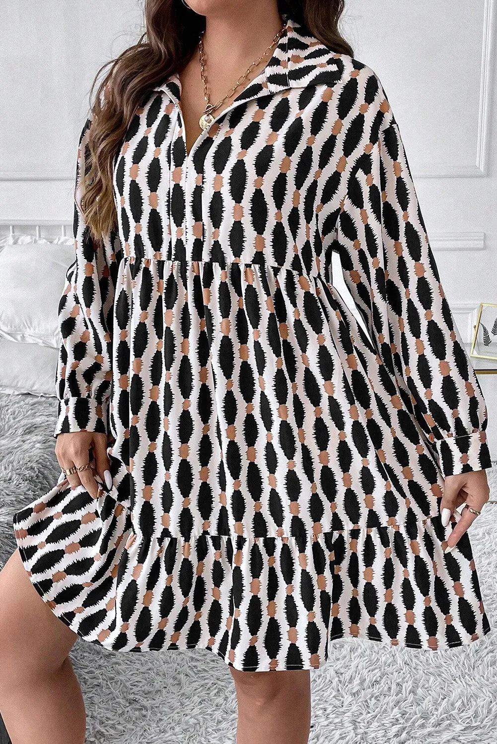 Stylish Plus Size Printed Johnny Collar Long Sleeve Resort Dress for Women - Perfect for Beach Vacations, Summer Getaways & Casual Outings