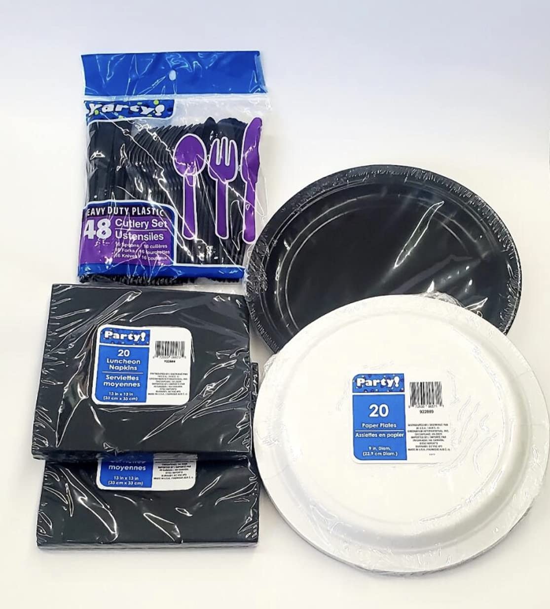5-Piece Disposable Tableware Set - 9-Inch Black Plastic Dinner Plates (8-Pack), Black Plastic Utensils (48-Count), Black Paper Lunch Napkins (20-Pack) - Perfect for Parties, Picnics, BBQs & Outdoor Events