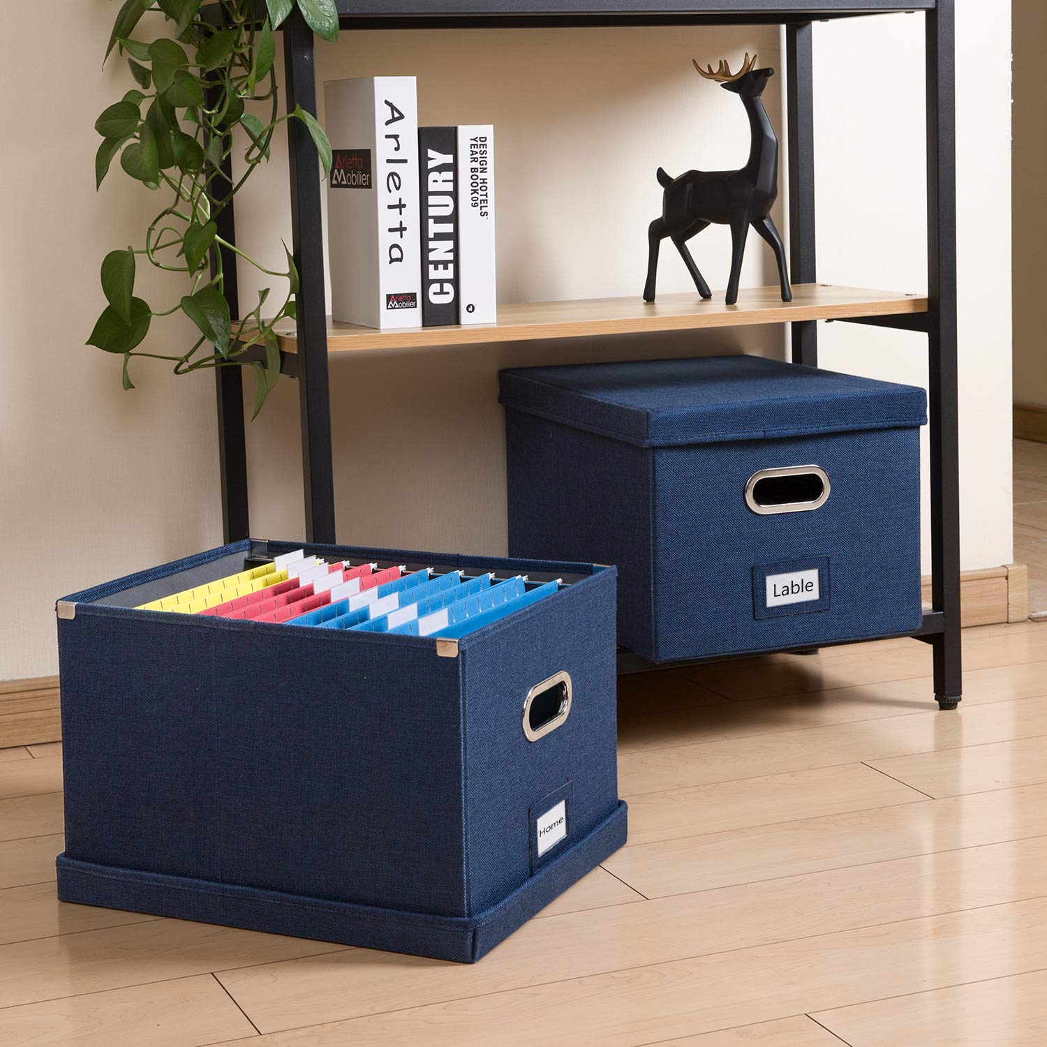 PRANDOM File Organizer Box Set of 2 - Collapsible Linen Storage Bins with Lids for Office, Home & School - Letter/Legal Size Hanging File Folders (17x14x11.2 Inch, Navy Blue) - Perfect for Desk Organization, Document Storage & Cabinet Filing
