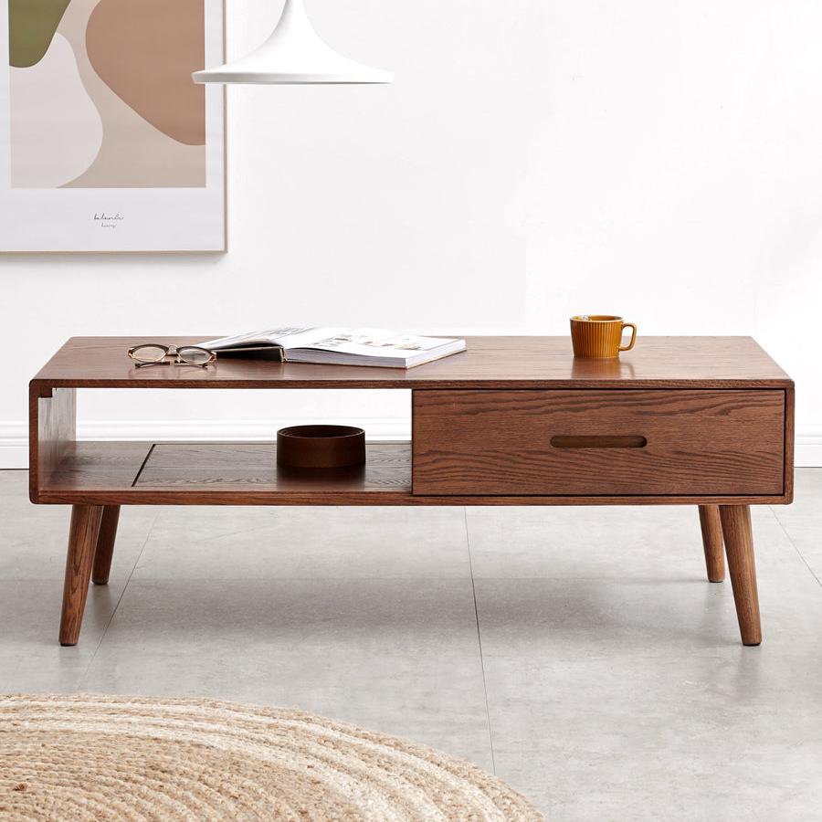 Solid Oak Wood Two-Drawer Coffee Table - Walnut Finish | Rustic Living Room Furniture for Home Decor & Storage