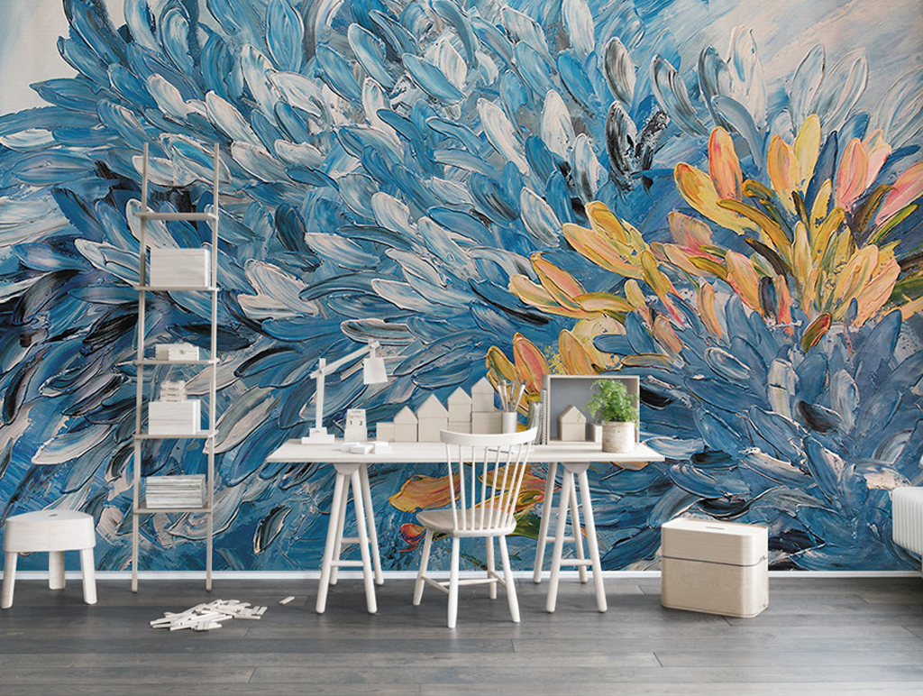 Blue & Gold Floral Painting Wallpaper Murals - Elegant Home Decor for Living Room & Bedroom
