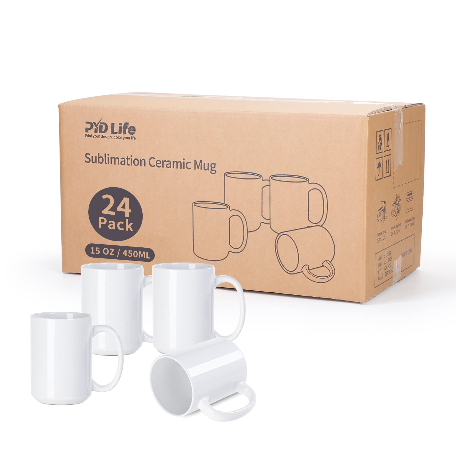 PYD Life 15 oz Sublimation Mugs Bulk Pack - 24 White Ceramic Photo Coffee Cups for Cricut Mug Press & Tumbler Heat Transfer - Perfect for DIY Gifts, Custom Drinkware, and Small Business Printing