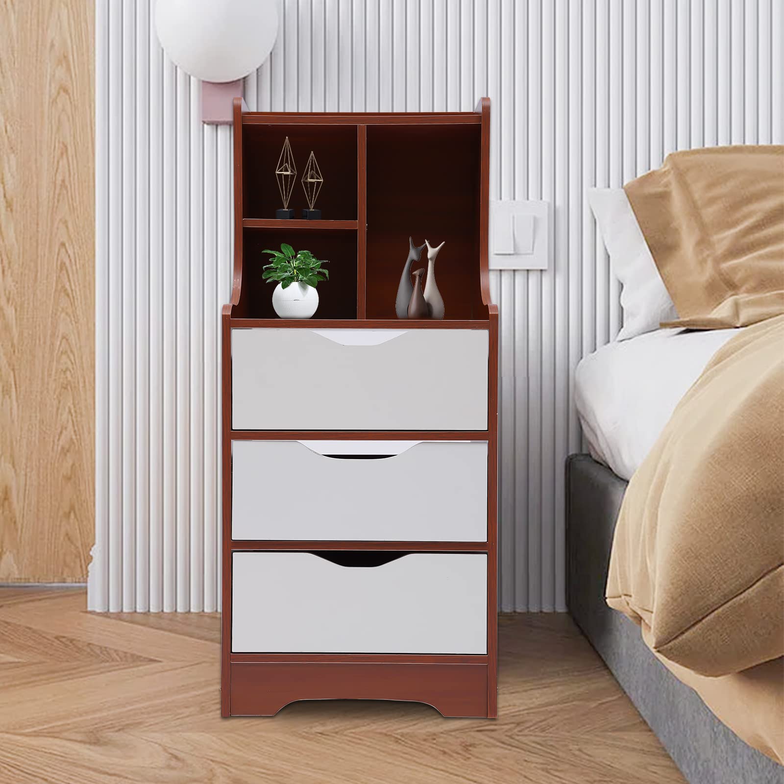 Eapmic 3-Drawer Dresser with Top Cabinet & Open Shelf - Nightstand, Bedside Table, Chest of Drawers for Bedroom, Living Room, Home Office - White & Dark Brown - Wide Storage Space for Clothes, Books & Decor