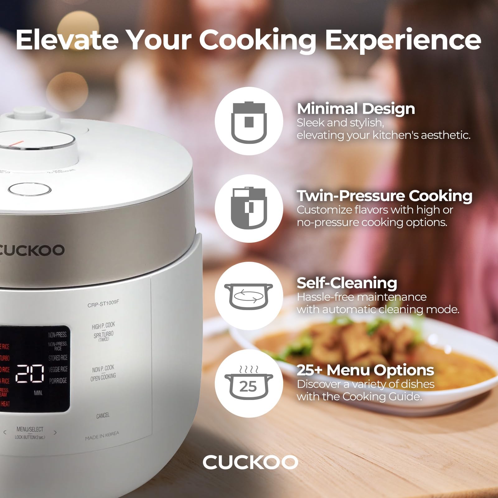 CUCKOO CRP-ST1009FW 10-Cup Uncooked / 20-Cup Cooked Smart Twin Pressure Rice Cooker with Nonstick Inner Pot - 16 Menu Options, 3 Voice Guides & Auto Clean (White) | Perfect for Family Meals, Meal Prep & Healthy Cooking