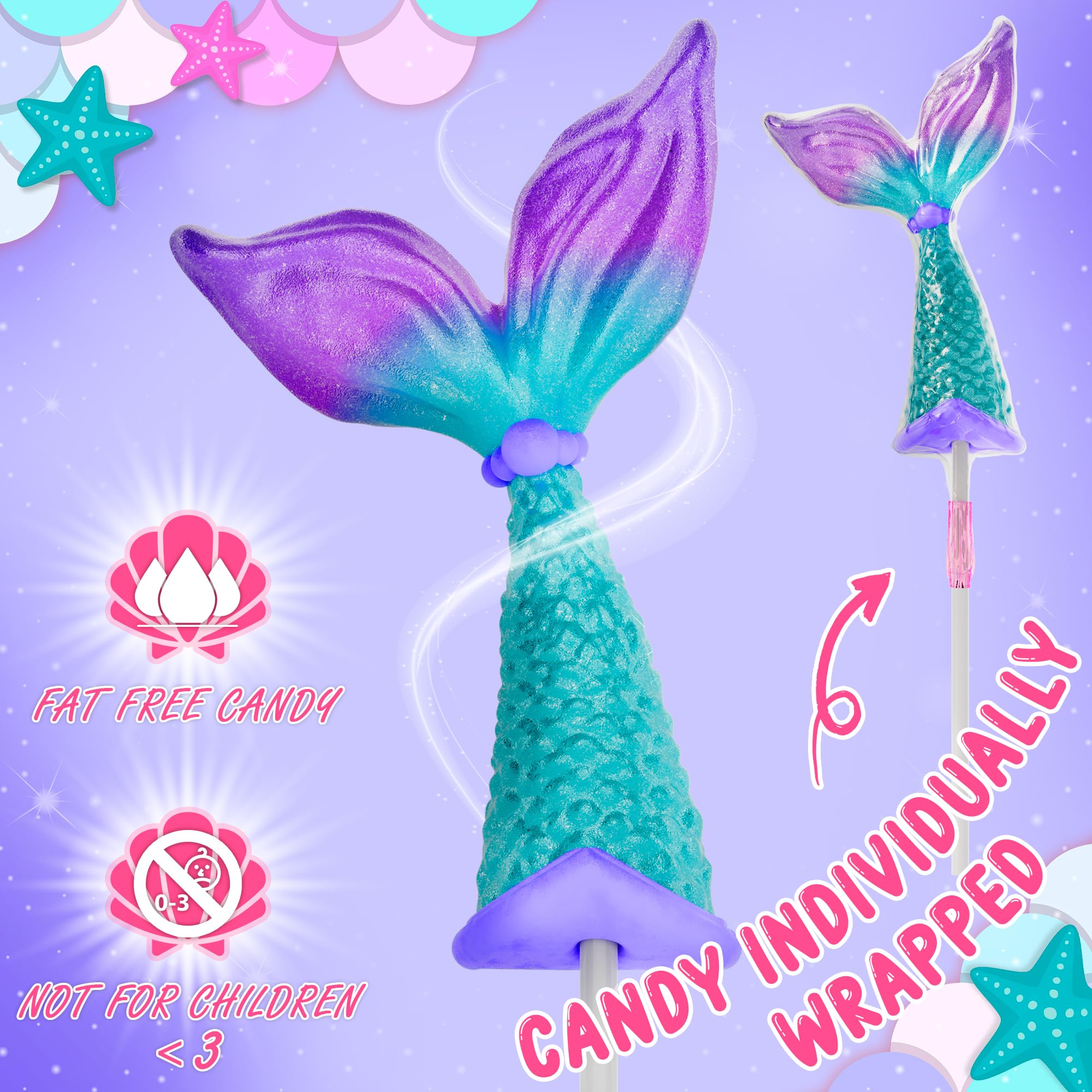 12-Pack Mermaid Candy Lollipops - Mermaid Tail Shaped Party Favors & Birthday Supplies - Sweet Mermaid Themed Snacks for Kids Parties, Baby Showers & Beach Events