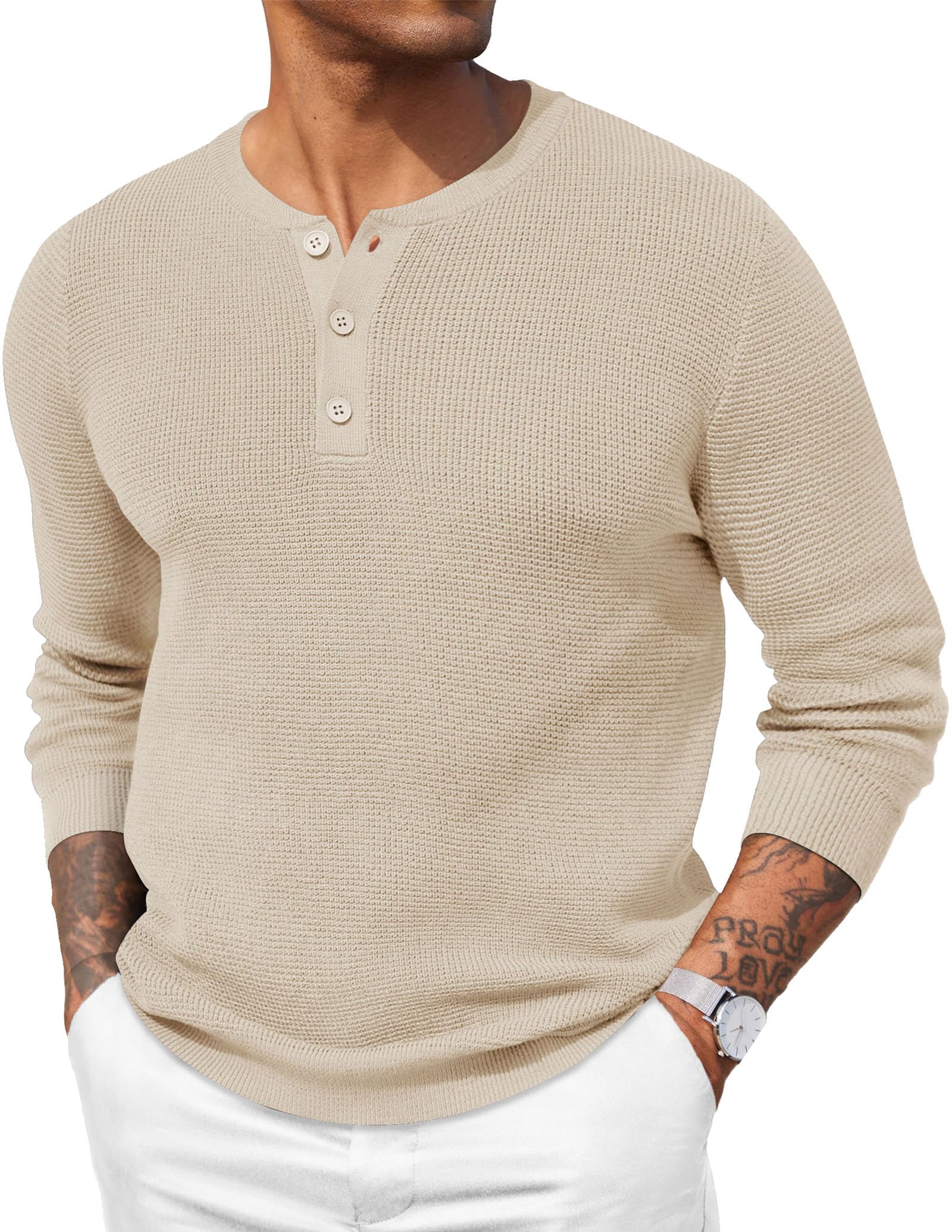 COOFANDY Men's Waffle Henley Shirt - Lightweight Knit Pullover Sweater with Long Sleeves & Crew Neck | Casual Comfort for Fall, Winter Layering & Everyday Wear