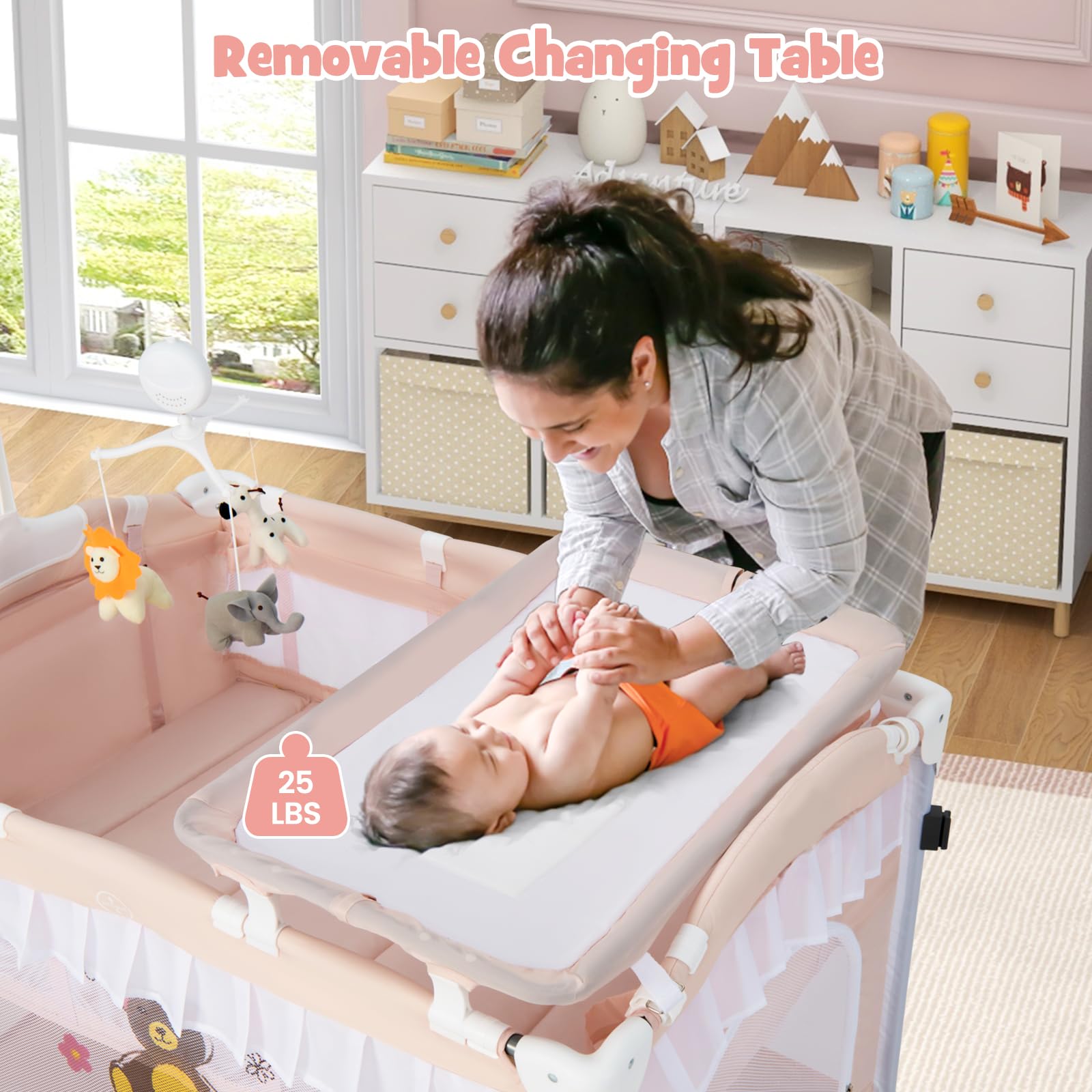 BABY JOY 4-in-1 Portable Playard with Canopy & Bassinet - Foldable Baby Crib with Wheels & Brake for Newborn to Toddler - Perfect for Travel, Nursery & Playtime (Pink)