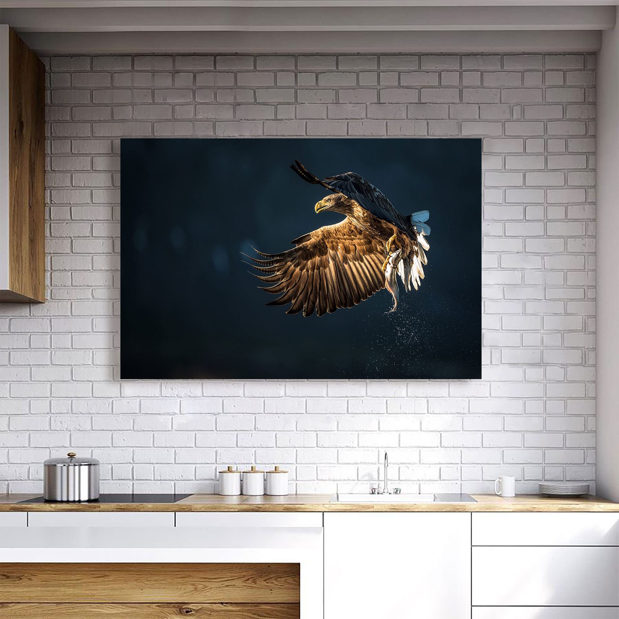 Eagle Bird Catching Fish Canvas Wall Art - Framed & Ready to Hang - 30x40 Inches - Nature Wildlife Home Decor for Living Room, Bedroom, Kitchen & Office