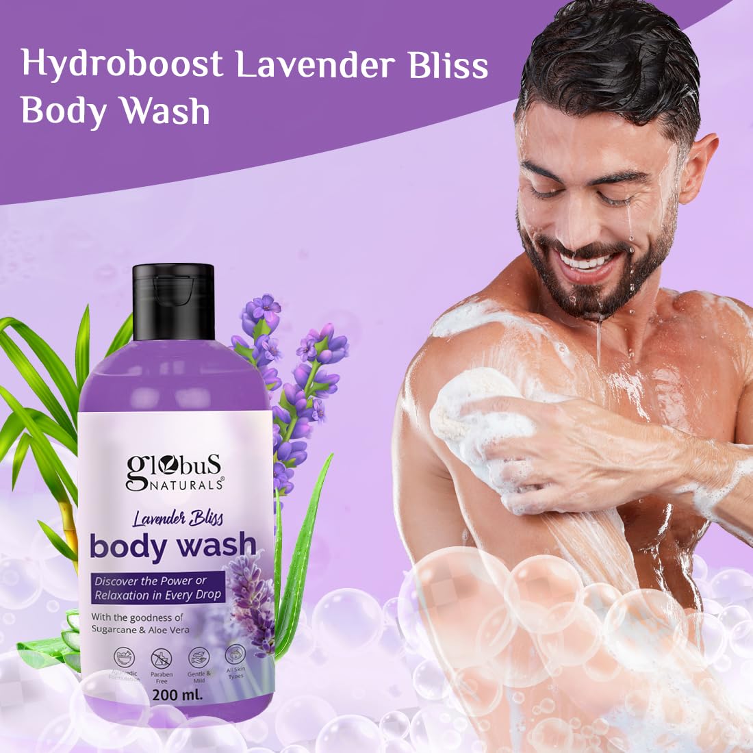 Globus Naturals Lavender Body Wash with Sugarcane & Aloe Vera - Ayurvedic, Paraben-Free, Gentle for All Skin Types - 200ml | Relaxing Bath & Aromatherapy for Stress Relief