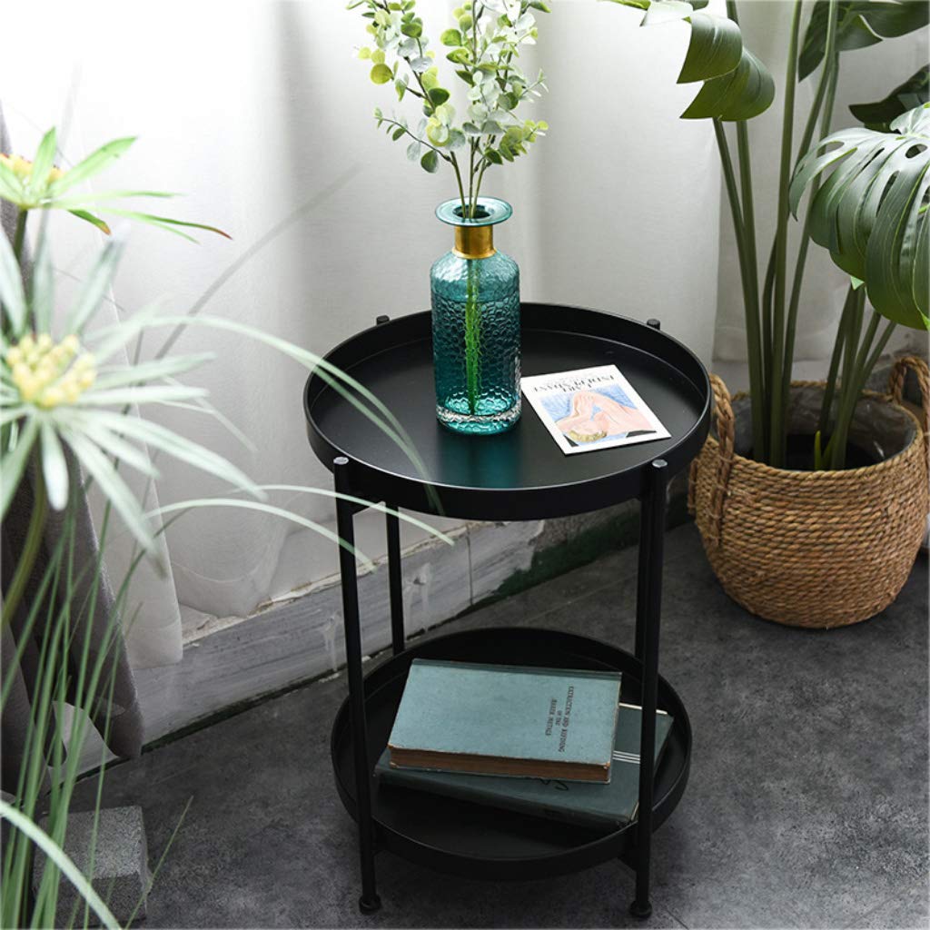 YF-Mirror 2-Tier Folding Metal Round End Table with Removable Tray - Waterproof Small Coffee Table & Side Table for Living Room, Bedroom, Balcony, Office - Gold/Black - Perfect for Small Spaces, Guest Seating & Home Decor