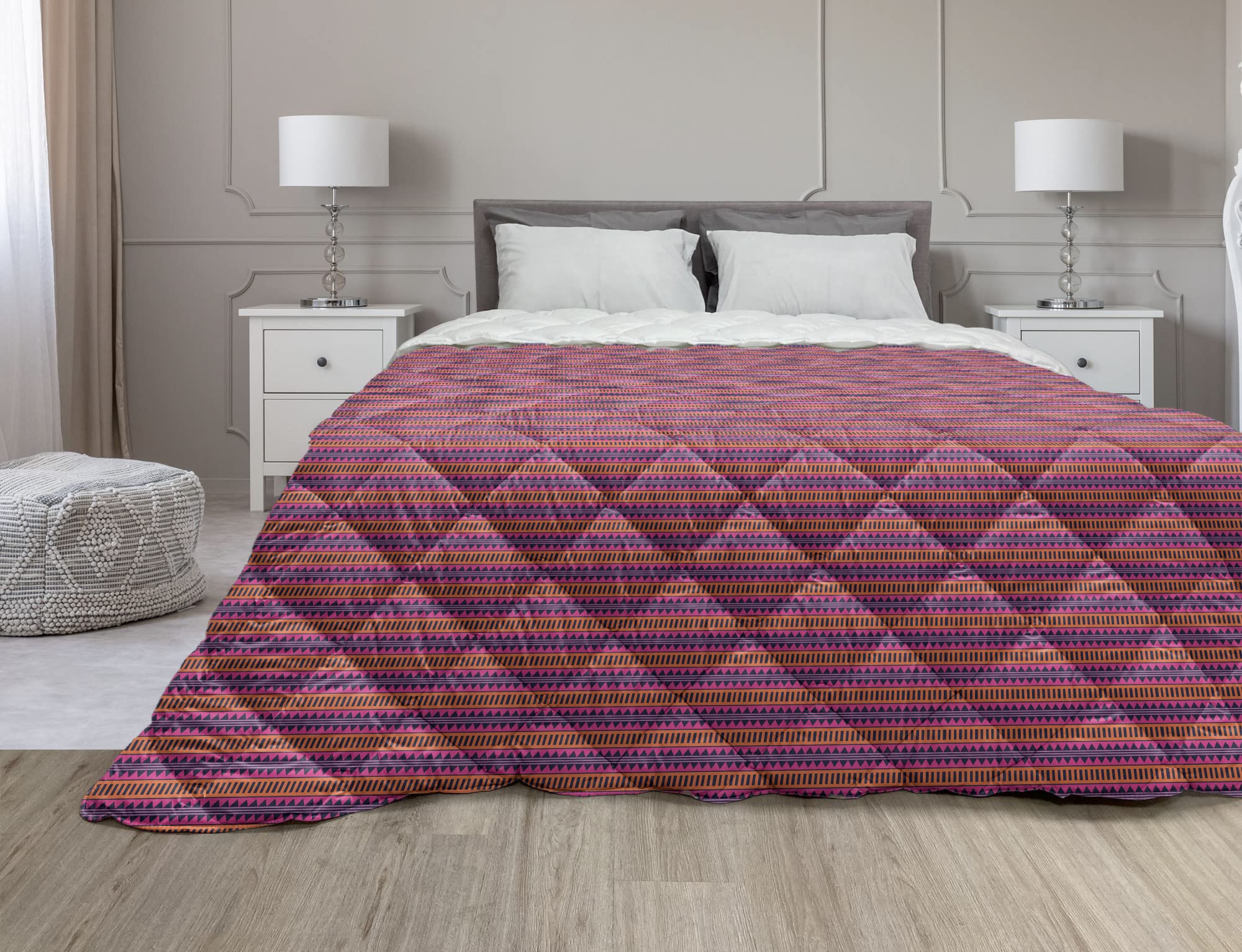 Ambesonne Tribal Down Alternative Comforter Queen Size - Funky Ethnic Geometric Pattern Microfiber Quilt - Vermilion Pink & Indigo - All Season Bedding for Cozy Bedroom Decor, Boho Chic Home Style