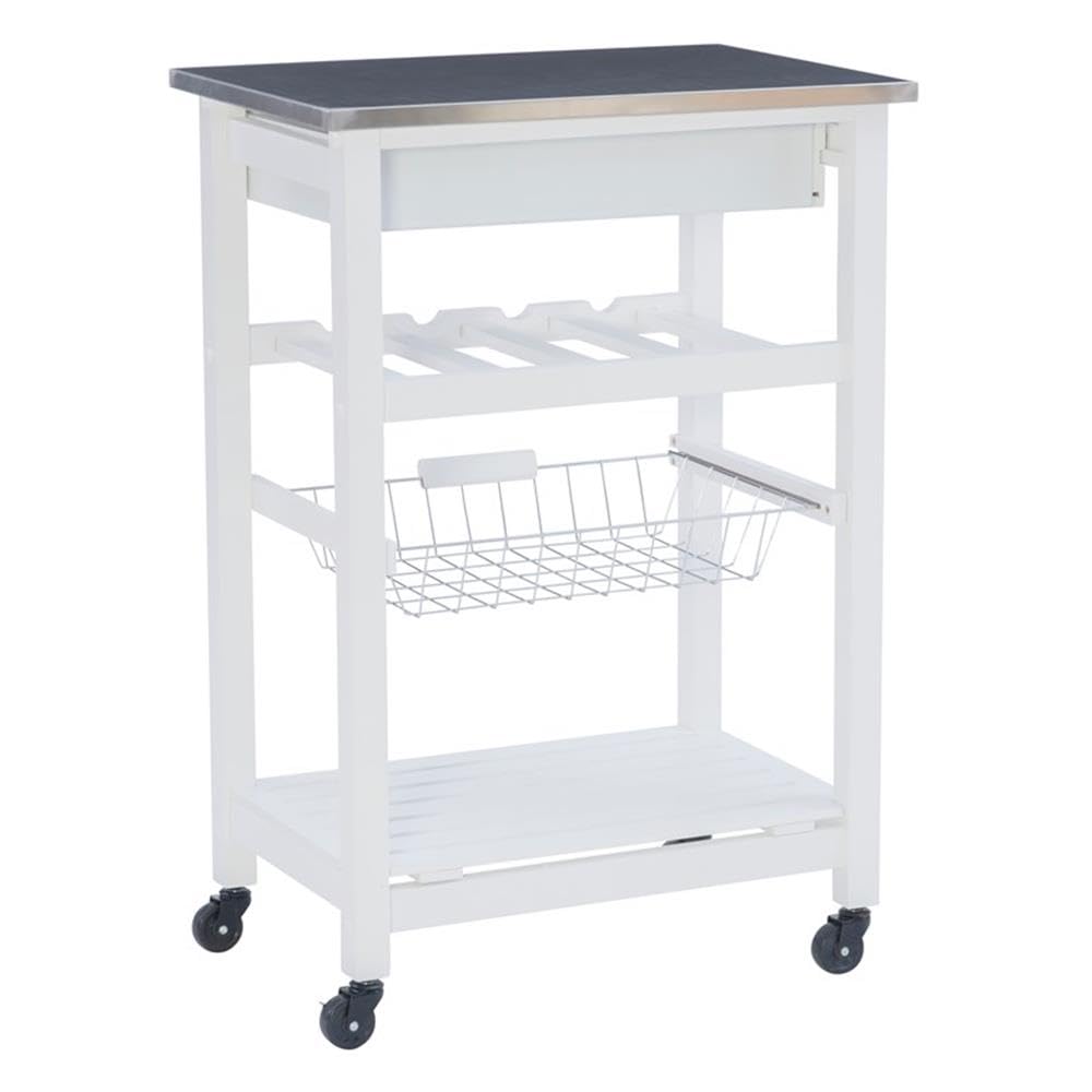 Linon Raven Stainless Steel Rolling Kitchen Island Cart with Wheels, Wine Rack, Pull-Out Drawer & Storage Basket - White | Mobile Microwave Stand for Small Spaces, Extra Counter Space & Kitchen Organization
