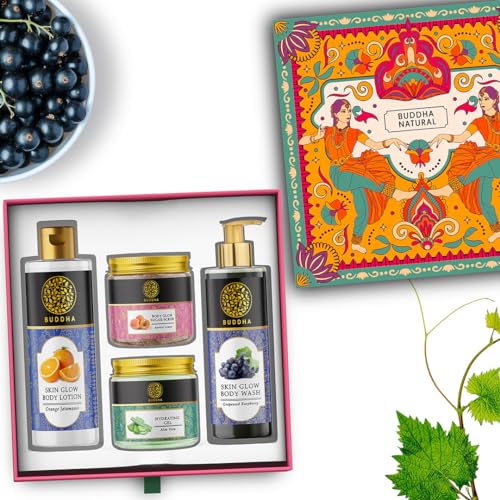 Buddha Natural Body Glow Gift Set - Ayurvedic Skincare Kit with Body Wash, Scrub, Hydrating Gel & Lotion - Certified Organic for Radiant Skin | Perfect Spa Gift, Self-Care Package & Wedding Favor for Glowing Complexion