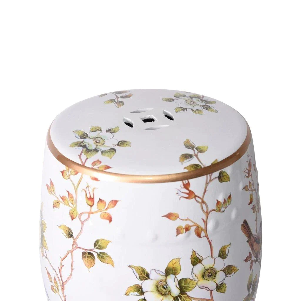 Exquisite Floral & Bird Cream Porcelain Garden Stool - Handcrafted Outdoor Decor for Patio, Garden & Home Décor