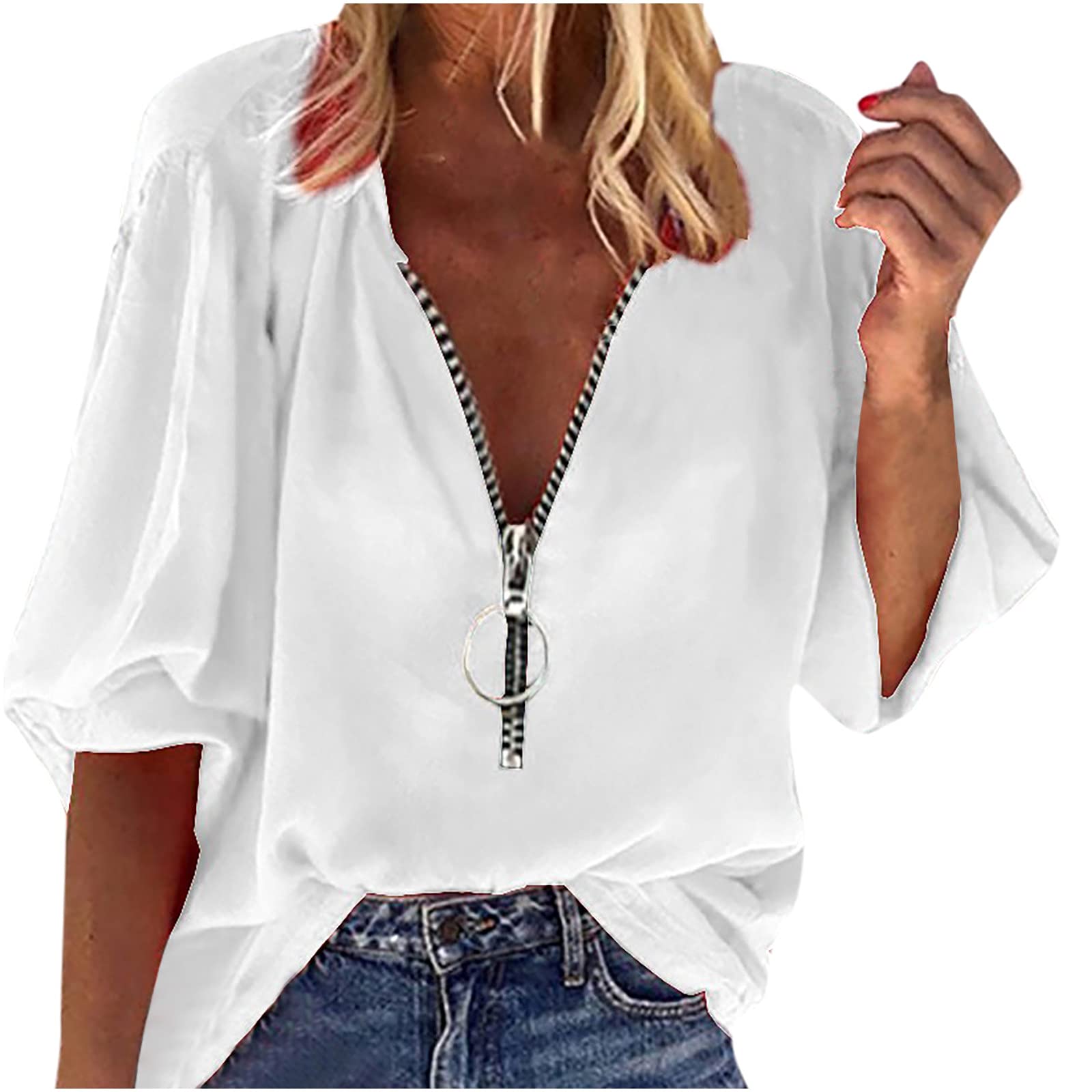 SHOPESSA Women's Summer 3/4 Sleeve Zipper T-Shirt - Casual V-Neck Loose Fit Solid Color Blouse for Everyday Wear | Office, Dating & Weekend Outfits