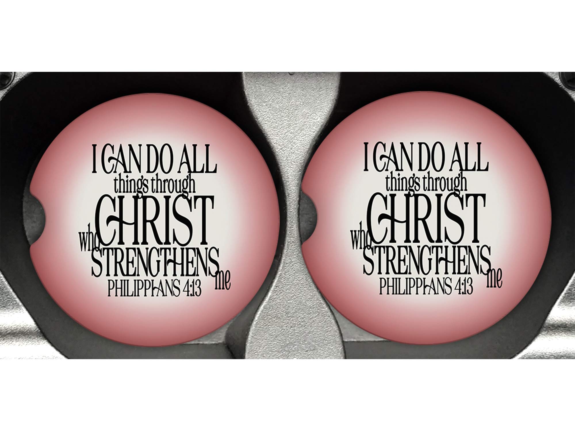 Philippians 4:13 Christian Bible Verse Car Coaster Set of 2 - 'I Can Do All Things Through Christ' Inspirational Quote on Pink & Cream Sandstone Absorbent Cup Holder Coasters for Home, Office & Auto Use