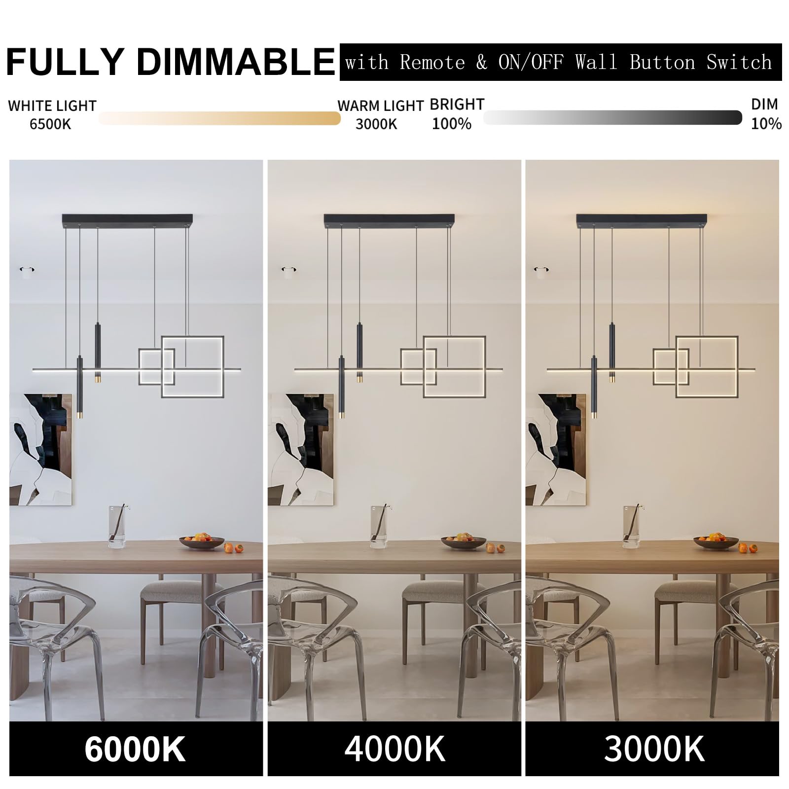Modern LED Chandelier Lighting - Dimmable Linear Black Pendant Light with Square Design, 39 Inch Contemporary Hanging Fixture for Dining Room, Kitchen Island, Bar Table (3000lm/50W) - Perfect for Modern Home Decor, Restaurant Lighting, and Commercial Spaces