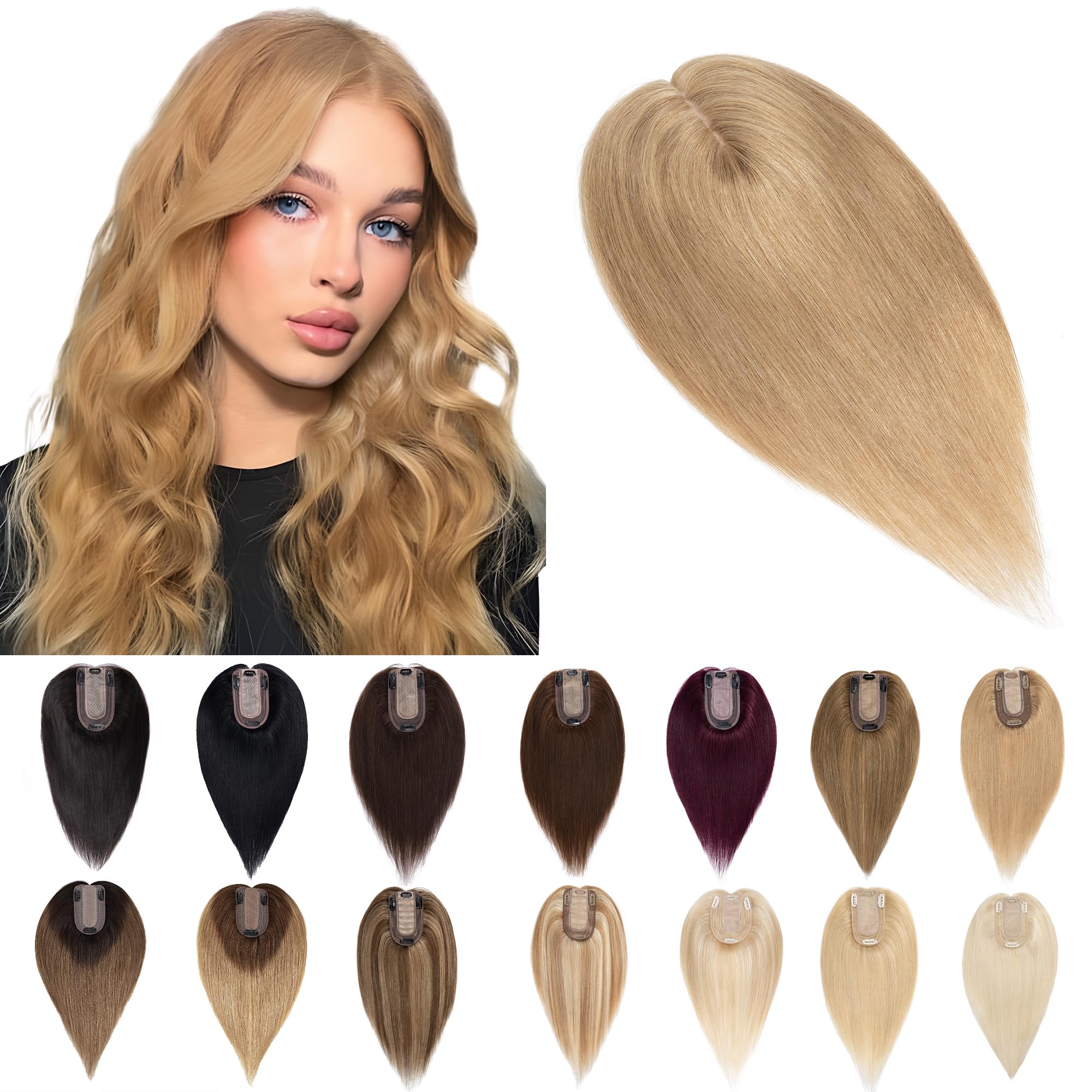 SEGO 100% Real Human Hair Toppers for Women with Thinning Hair - 7x13cm Silk Base Clip-in Top Wiglet, 16 Inch No Bangs Dark Blonde - Perfect for Daily Wear, Parties & Special Occasions
