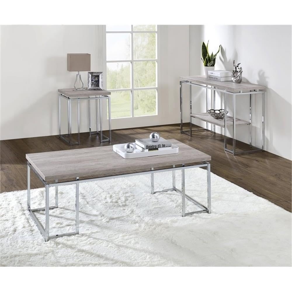 Acme Chafik Modern Rectangular Coffee Table - Solid Natural Oak Wood with Chrome Legs - Perfect for Living Room, Lounge & Office Spaces