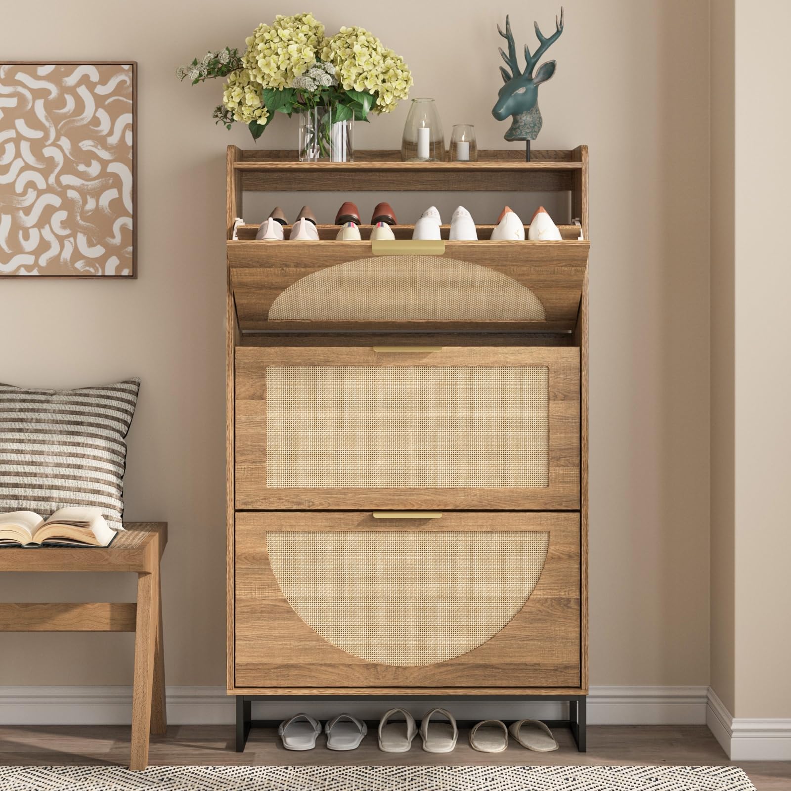 Maupvit 3-Tier Rattan Shoe Storage Cabinet with Flip Drawers - Freestanding Entryway Shoe Organizer with Metal Legs & Hidden Golden Handles - Rustic Oak Narrow Shoe Rack for Hallway, Bedroom, or Closet Organization